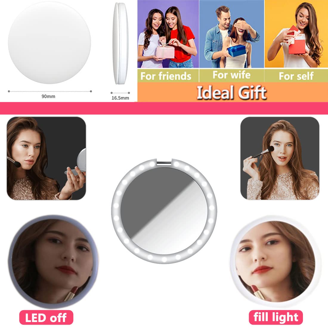 Cigyyogy Small Led Compact Makeup Mirror Round Handheld Foldable - Magnifying Lighted Pocket Mirrors Double Sided With 1X/2X Mag