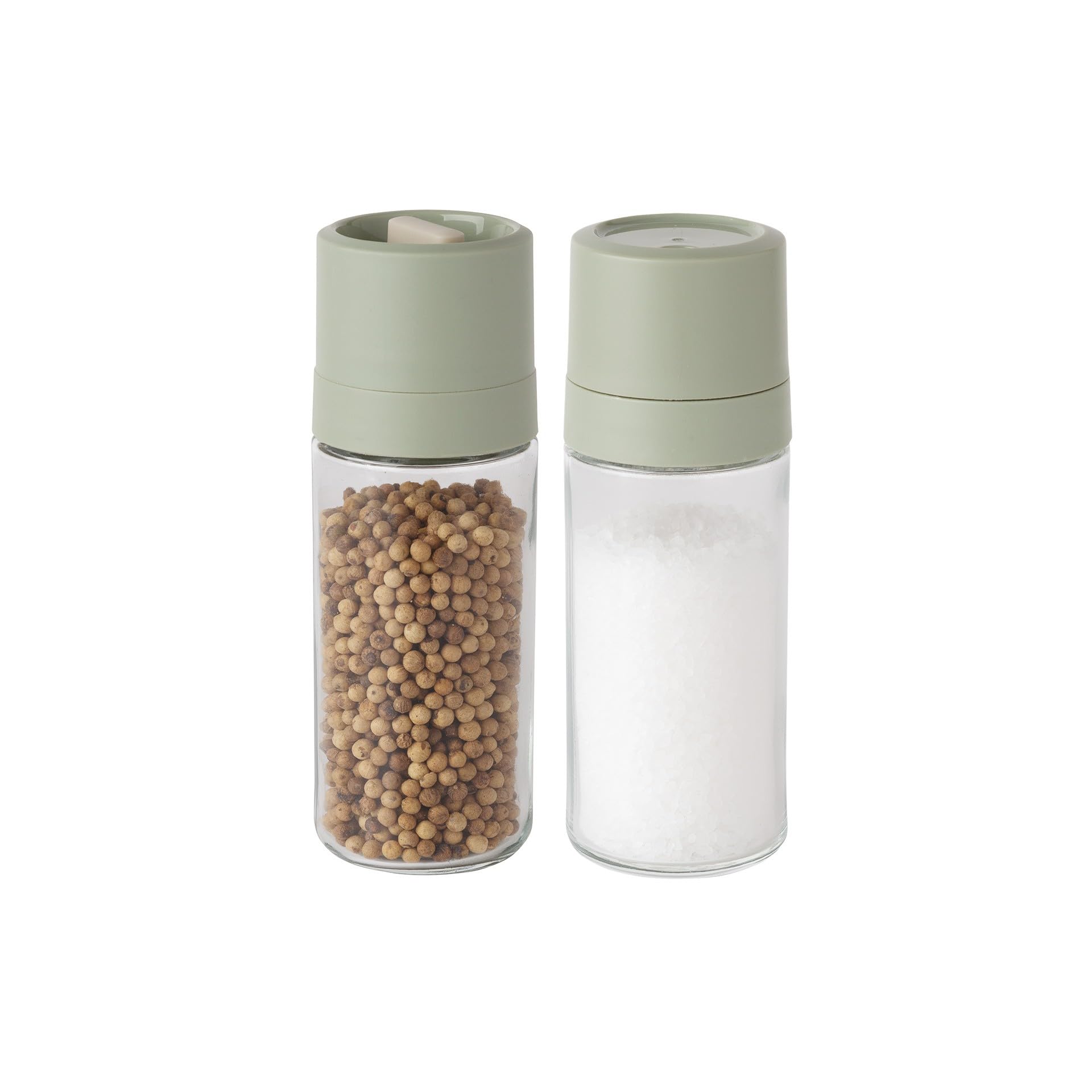 BergHOFF Balance 2Pc Grinder and Shaker Set 2 x 2 x 6, Glass Body, Recycled Material, Refillable, Adjustable Ceramic Fine/Coarse