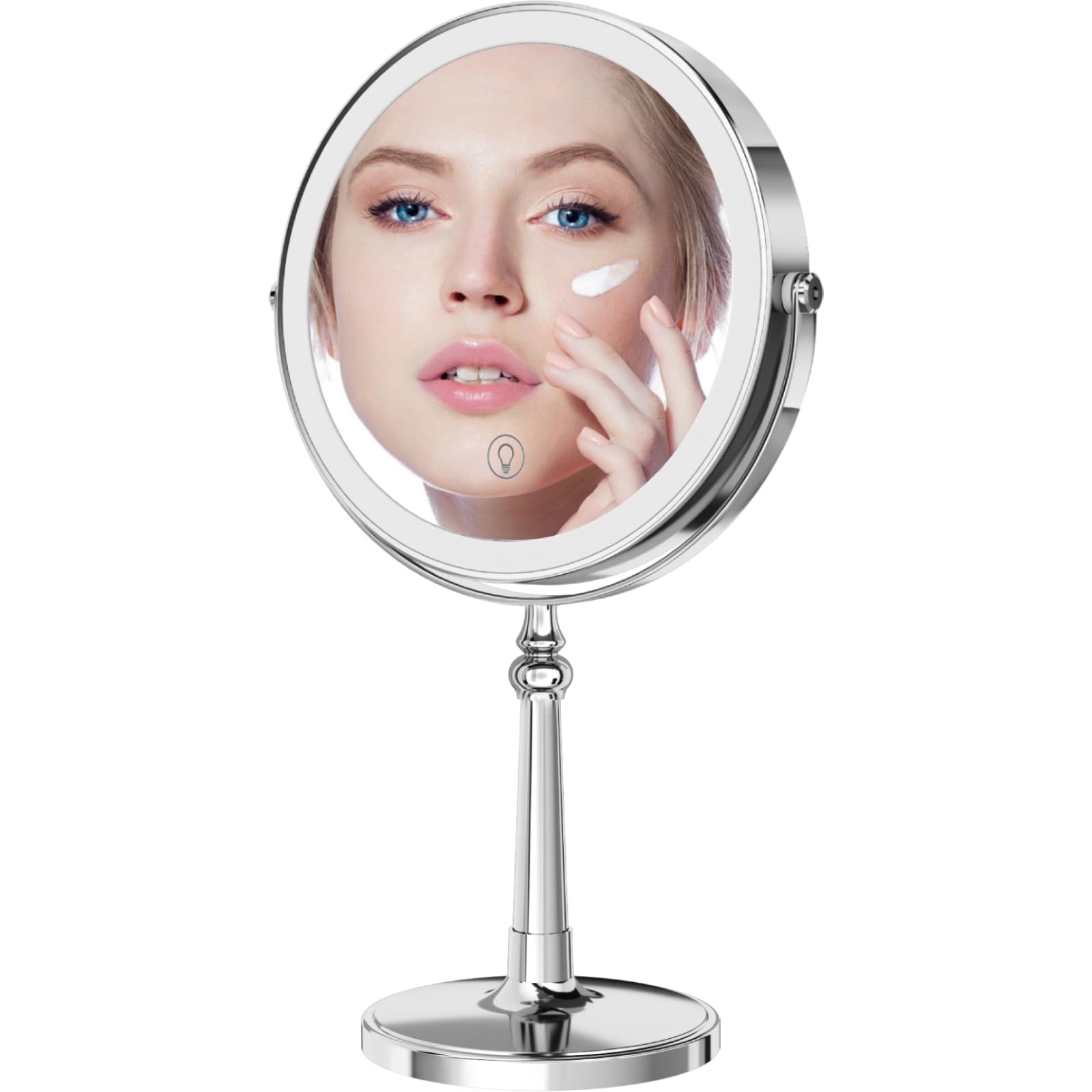 9'' Large Make Up Vanity Mirror With Lights Chrome Two Way Mirror 1X/10X Magnifying Mirror With Light And Stand 4000Mah Recharge