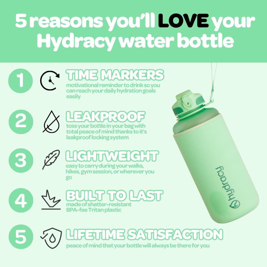 Hydracy Water Bottle with Time Marker -Large Half gallon 64oz BPA Free Bottle & No Sweat Sleeve -Leak Proof gym Bottle with Fruit Infuser Strainer & Times to Drink -Ideal gift for Sports & Outdoors