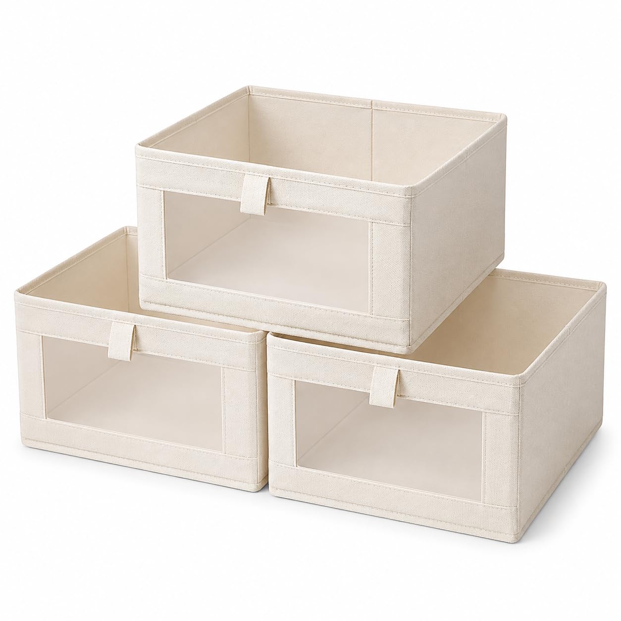 Zollyss 3 Pack Foldable Linen Storage Bins With Clear Window | Fabric Storage Boxes For Clothes, Jeans, Toys, Books & Blankets |