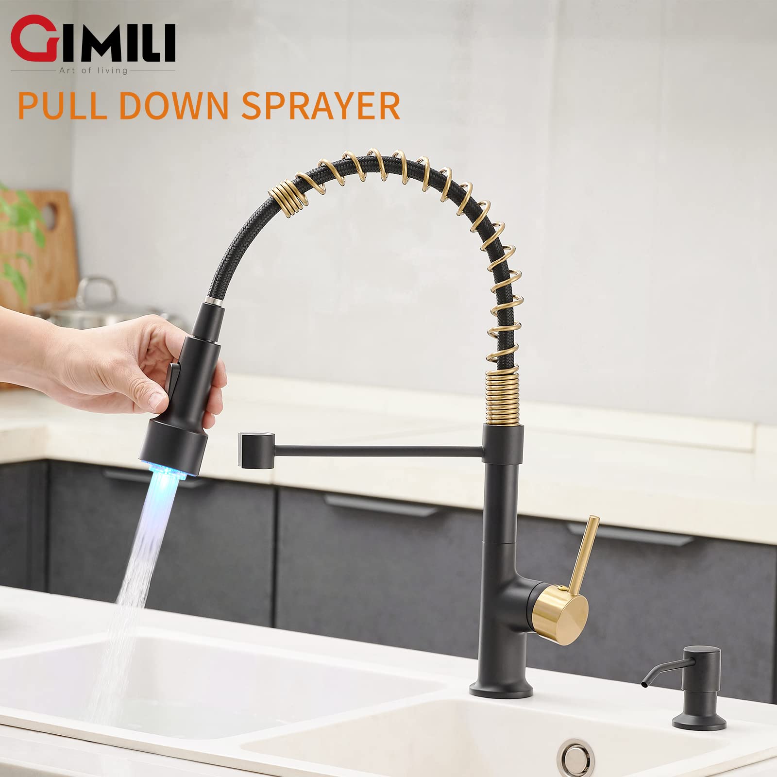 Gimili Black And Gold Kitchen Faucet With Pull Down Sprayer Led Kitchen Sink Faucet