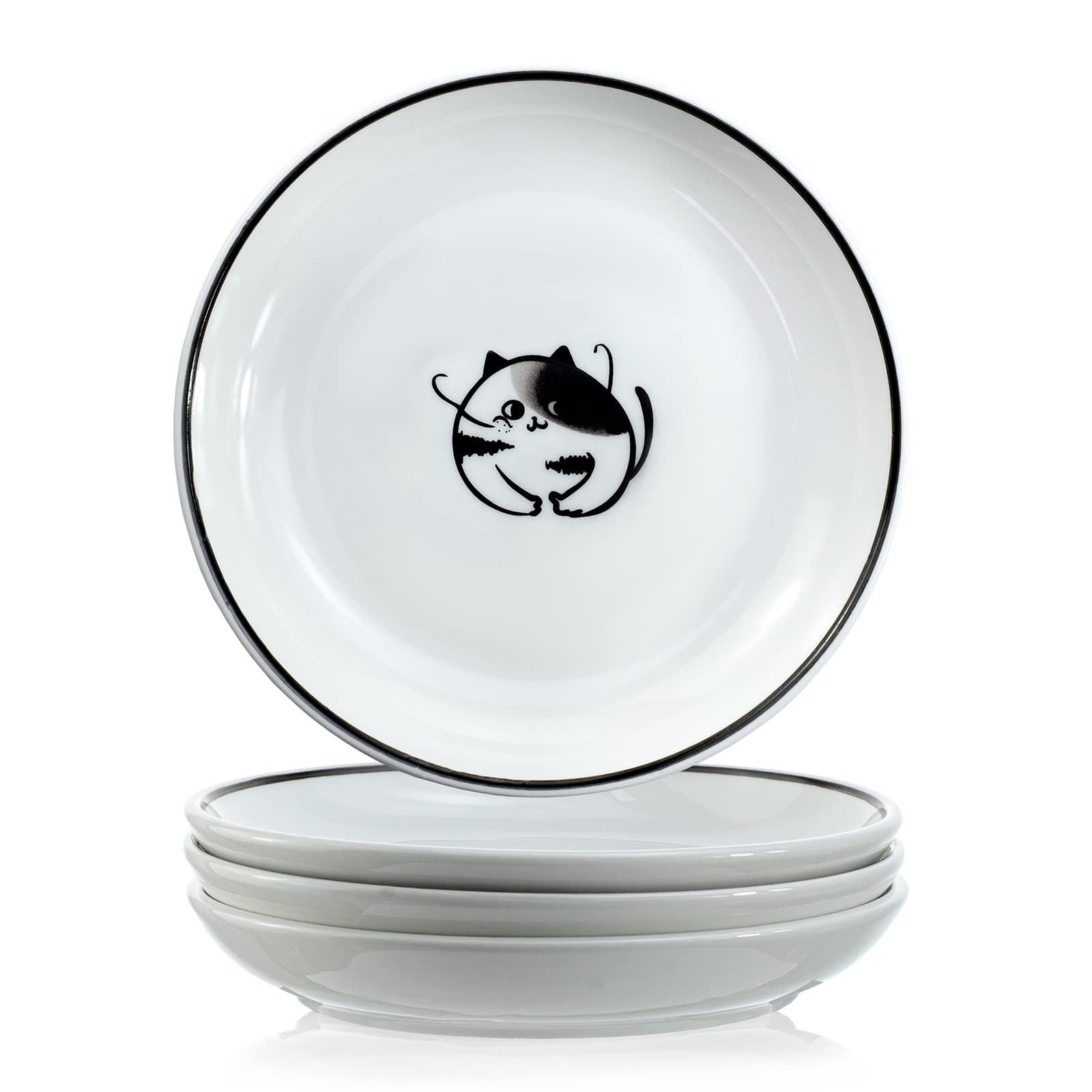 WAIT FLY 5 Inches Funny Dog and Cat Pattern with Brush Strokes Ceramics Seasoning Dishes/Tea Bag Holders/Ketchup Saucer/Appetizer Plates/Seasoning Dipping Bowls  Set of 4