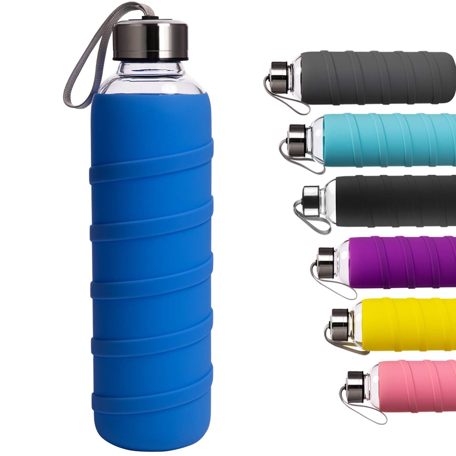 Ferexer Sports Glass Water Bottle With Silicone Sleeve 32 Oz Blue