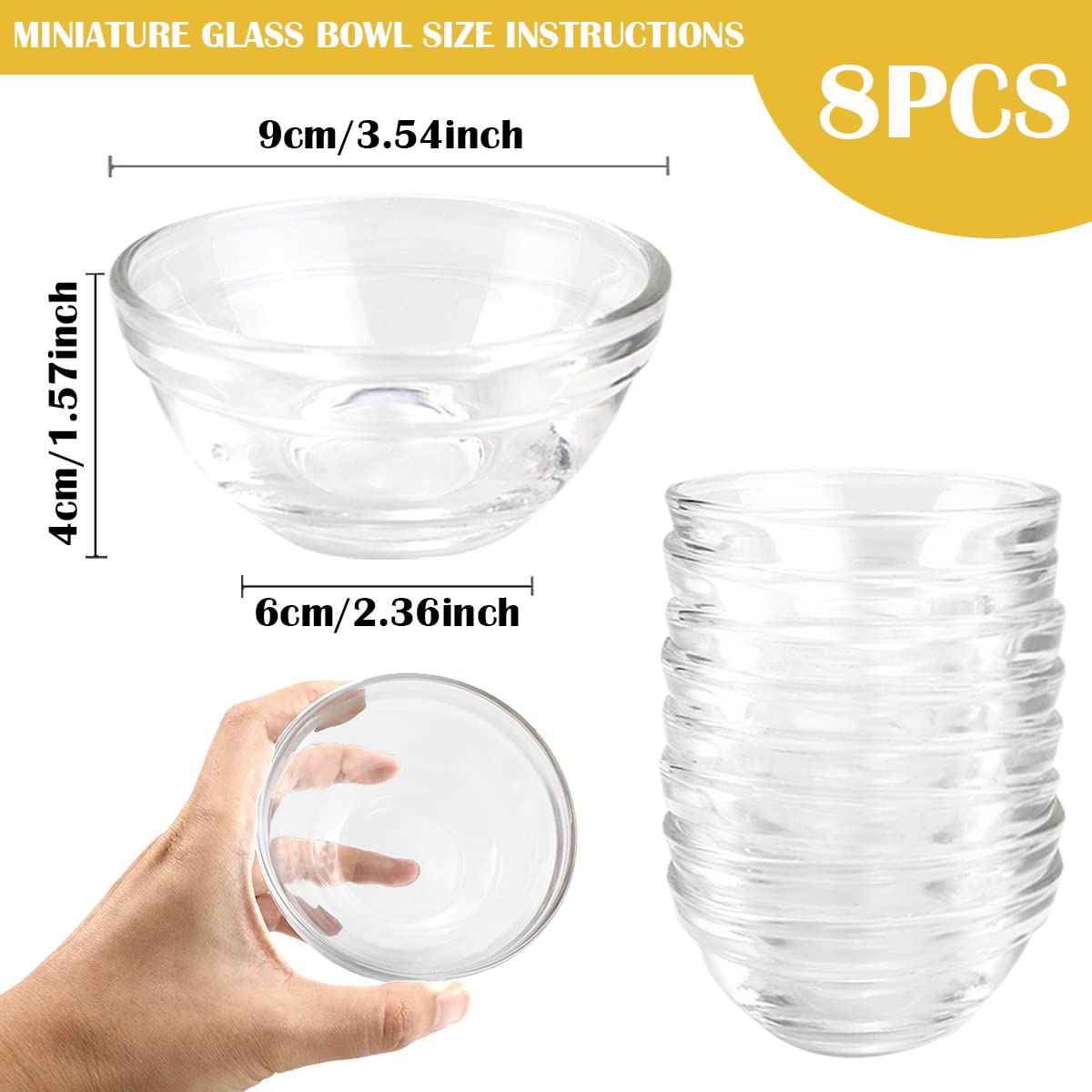 Lnq Luniqi Set Of 8 Glass Bowls, 3.5 Inch Stackable Food Prep Bowls Multipurpose Clear Glass Serving Bowls For Kitchen Prep, Des