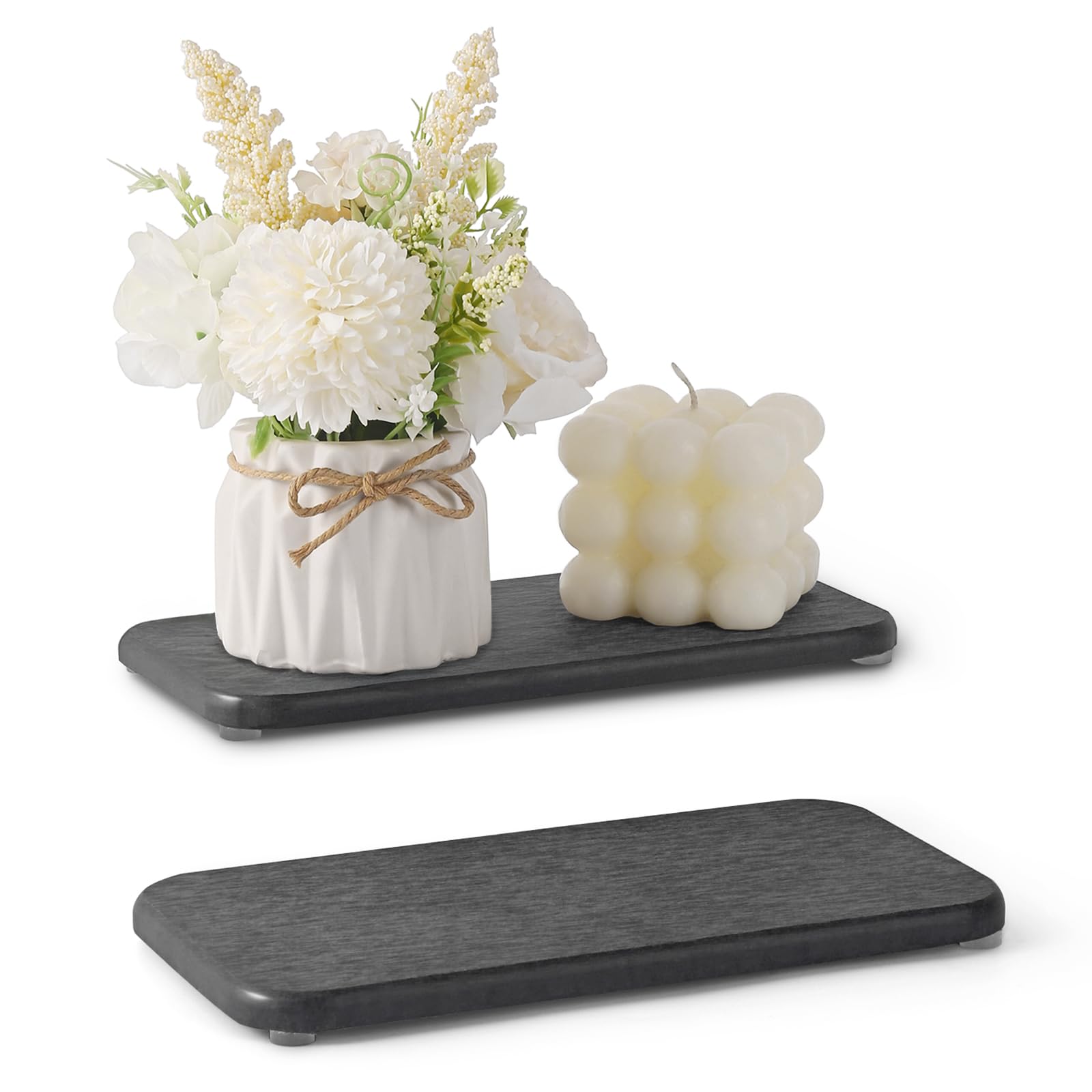 2PCS Water Absorbing Stone Tray, Natural Diatomaceous Earth Stone Sink Mat, Quick Dry Dish Soap Dispenser Sponge Holder, Dark Gr