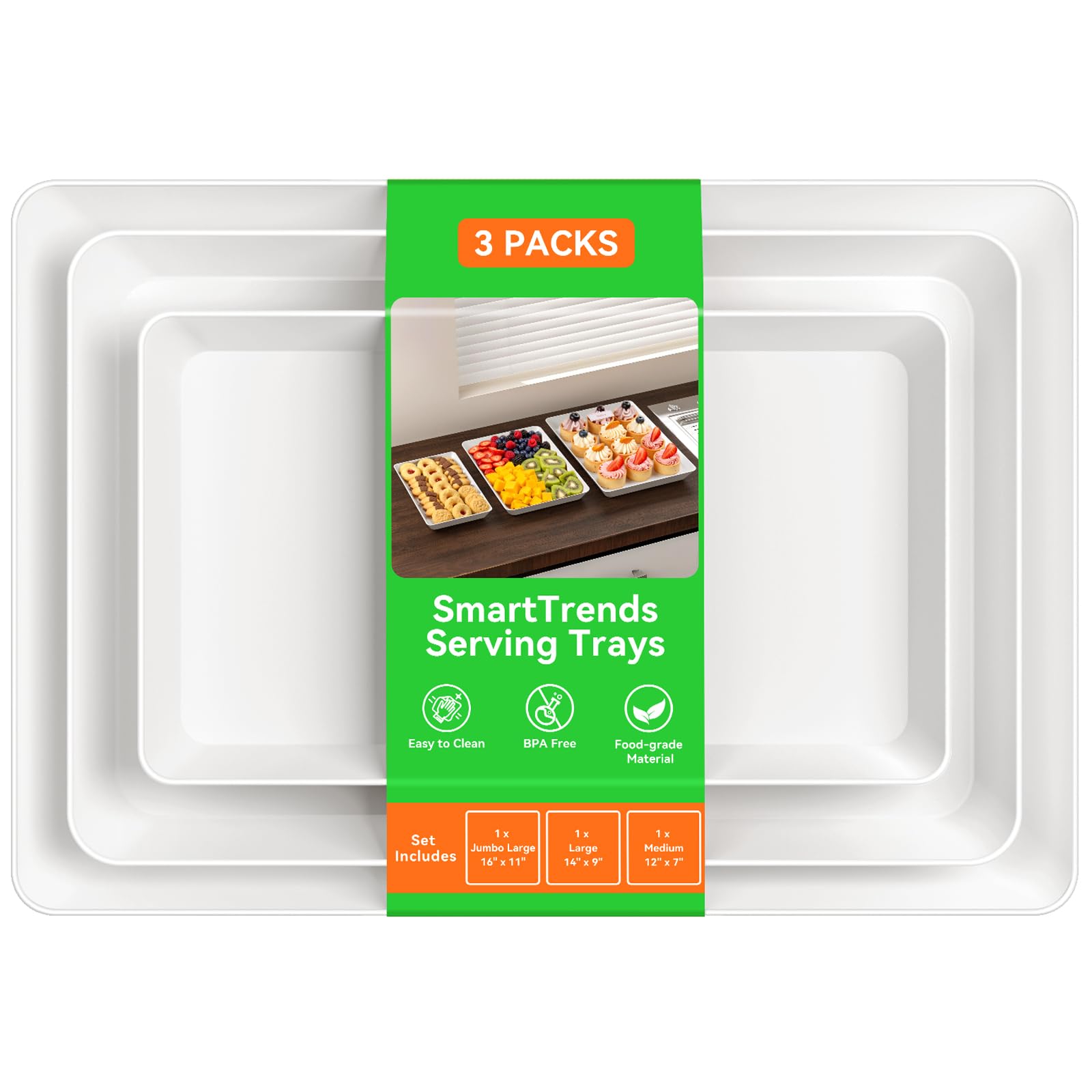 SmartTrends 3-Pack Serving Tray for Parties, Serving Platter in 3 Sizes for Entertaining, Camping & Food Display, Plastic Trays 