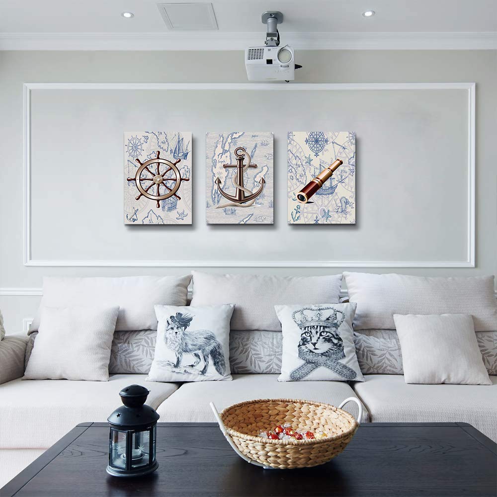 Ocean Theme Steering Wheel Telescope Ship Pendant Canvas Prints Bathroom Wall Art For Bedroom Wall Decor Artworks Pictures Wall