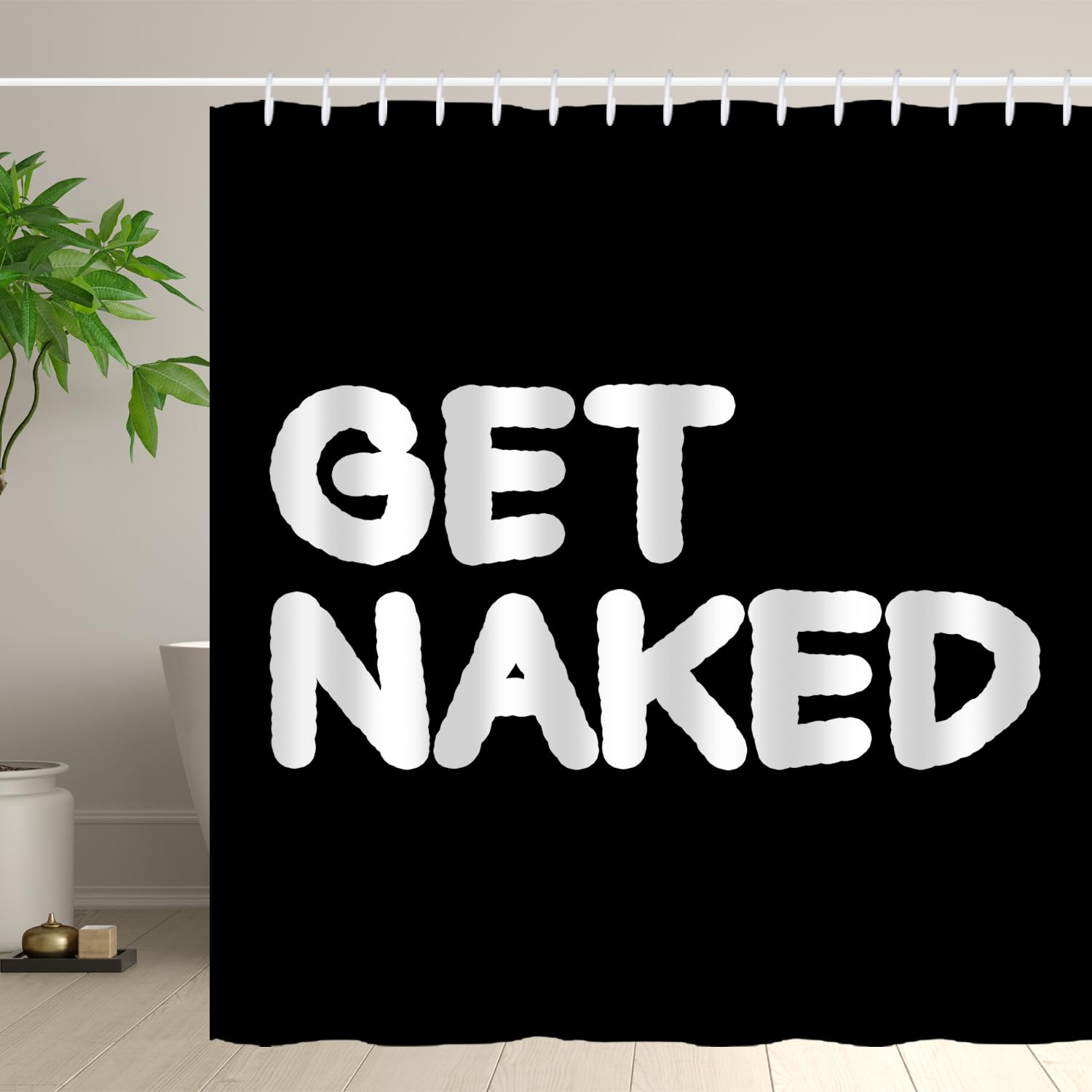 Hongma Black And White Shower Curtain Get Naked Shower Curtains, Simple Funny Letters Print Shower Curtain With Hooks 72X72 Inch