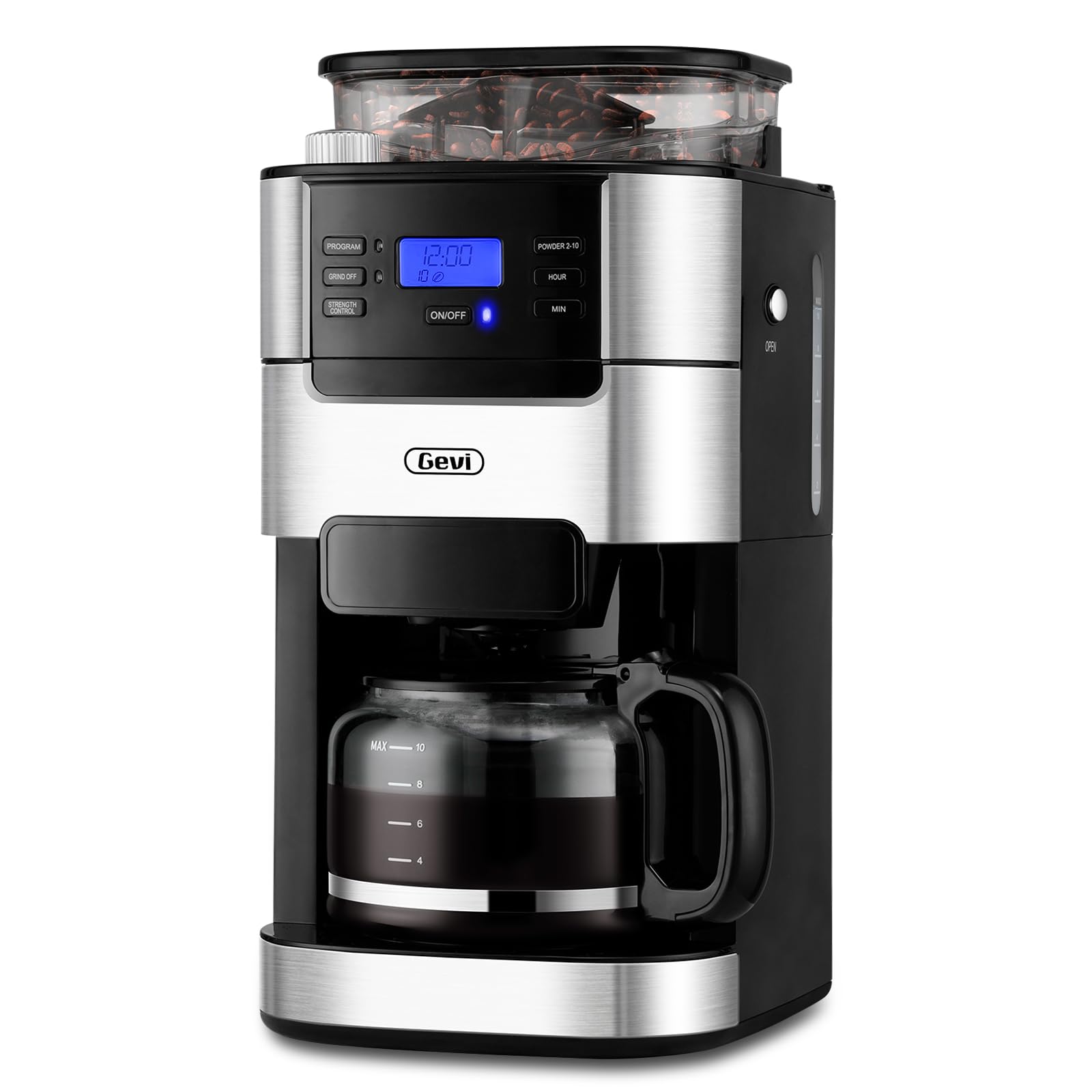 Gevi 10-Cup Drip Coffee Maker With Built-In Grinder, Programmable Brew Coffee Machine With Timer, Reusable Filter, 1.5L Water Ta
