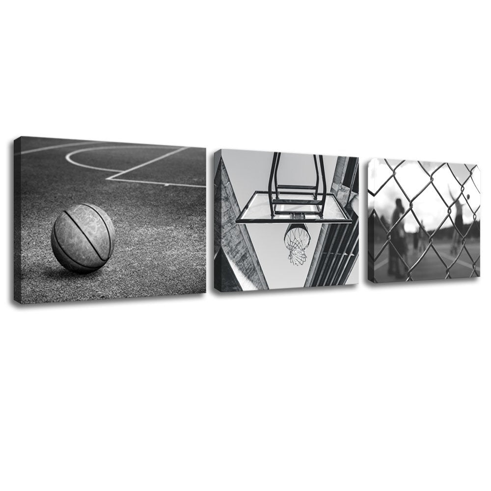 Klvos 3 Panels Black And White Wall Art Antique Basketball And Low Angle View Basketball Hoop Sport Canvas Art Modern Home Decor