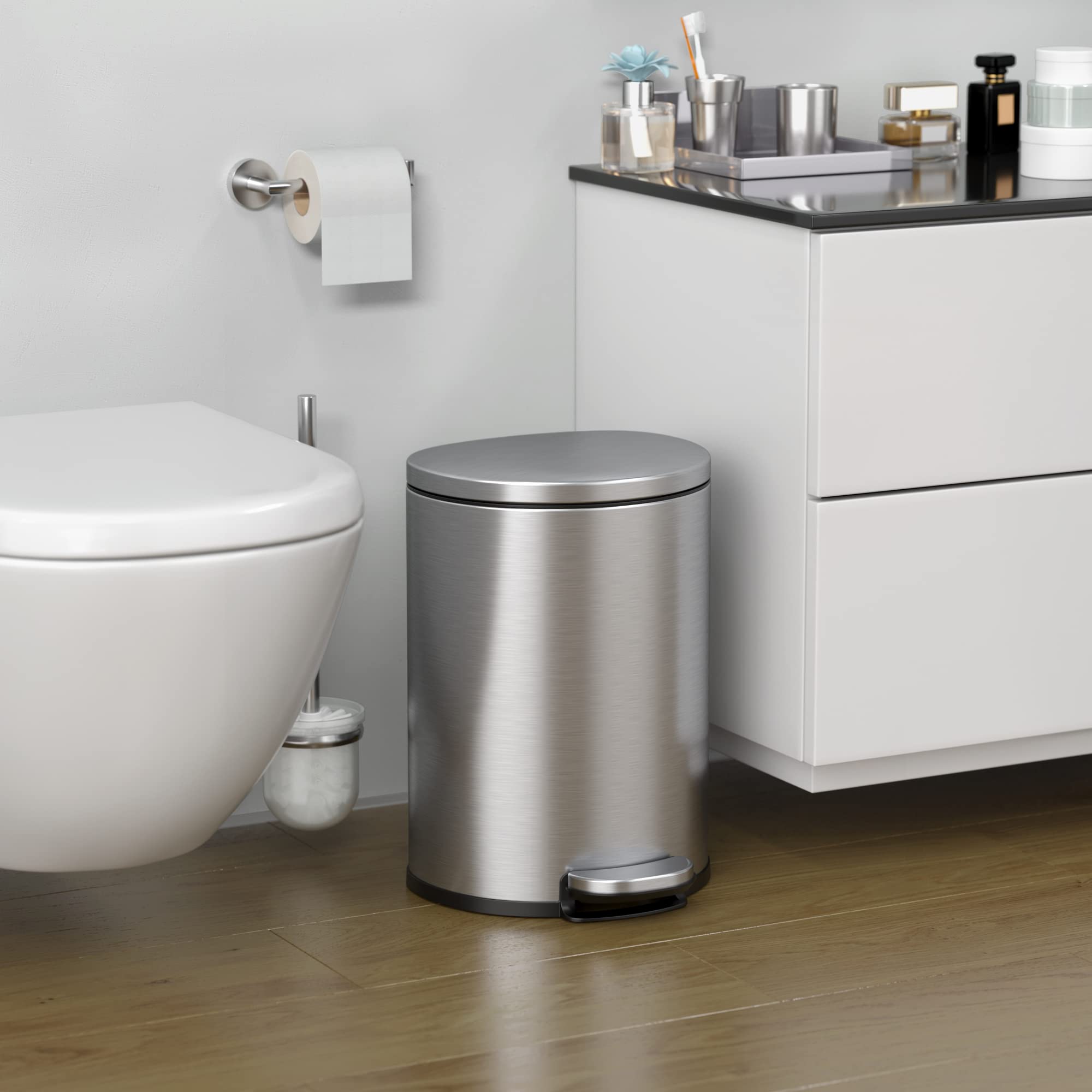 Itouchless Softstep 3 Gallon Small Semi-Round Bathroom Step Trash Can With Absorbx Odor Filter And Removable Inner Bucket, Stain