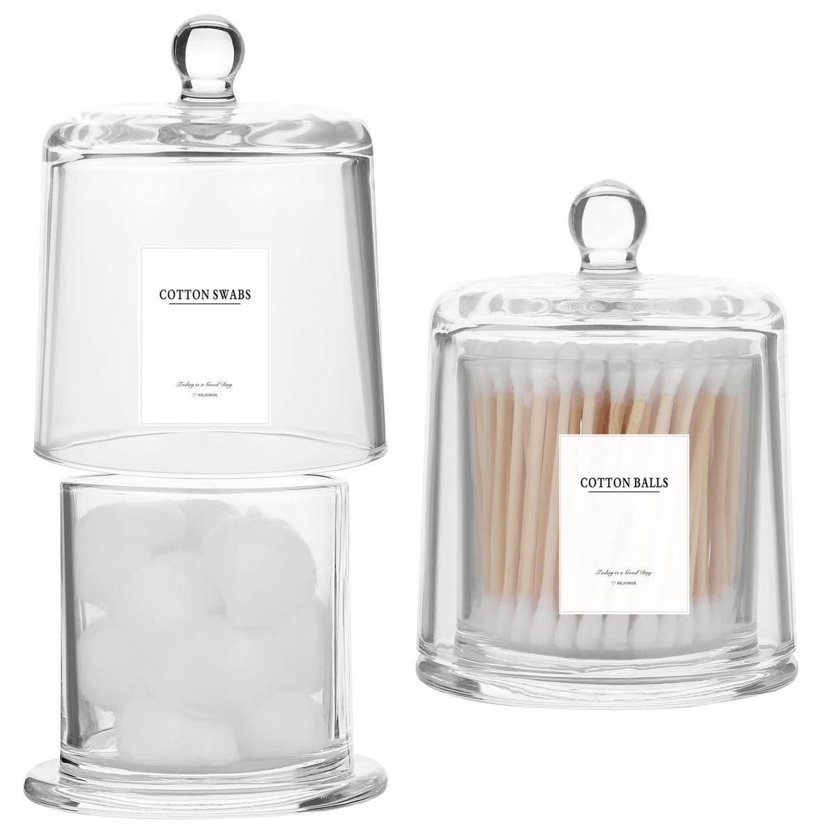 Rejomiik 2 Pack Qtip Holder Thick Glass Apothecary Jars With Lid For Bathroom Accessories Vanity Organizers And Makeup Storage F