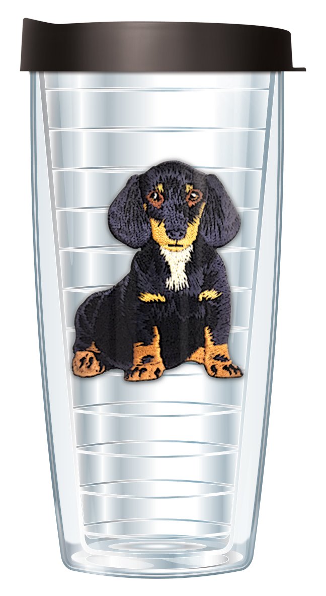Signature Tumblers Dachshund Puppy Dog Emblem On Clear 16 Ounce Double-Walled Travel Tumbler Mug With Black Easy Sip Lid