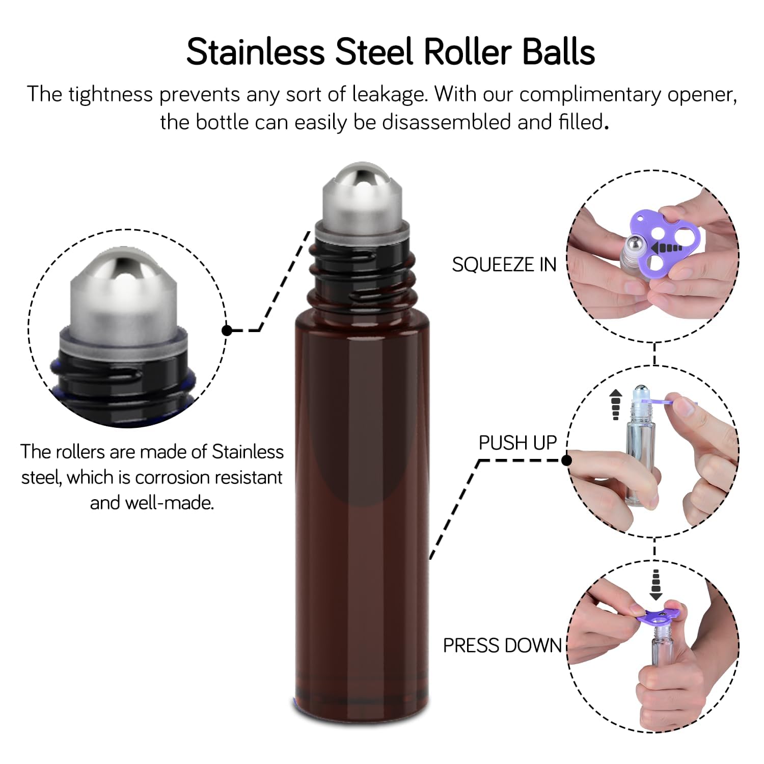 PrettyCare Amber Glass Roller Bottles Set of 12, 10ml, Refillable, Leak-proof with Stainless Steel Roller Balls, Black Caps for Essential Oils