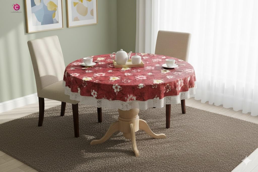 CASANEST Round Shaped 4 Seater Table Cover 60 inch round inches with White Border lace printed006