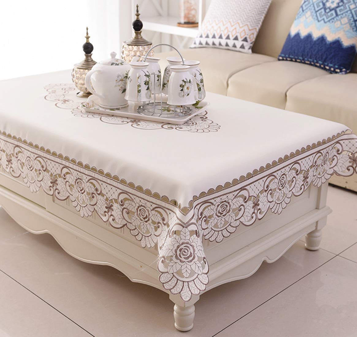 Lelehome 68 Inch X 120 Inch Oblong Flowers Embroidered Tablecloth, Vintage Classic Lace Brown Floral Beige Table Cloth For Home