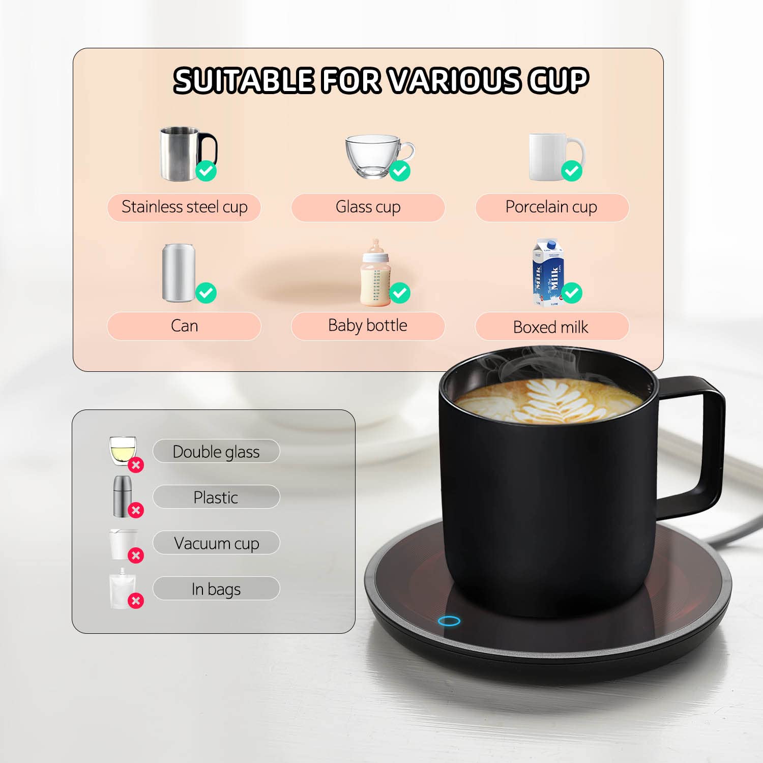 Mug Warmer, 2-Temp Settings Coffee Mug Warmer, Portable Coffee Cup Warmer, Coffee Warmer For Desk Suits For Various Mugs, Automa