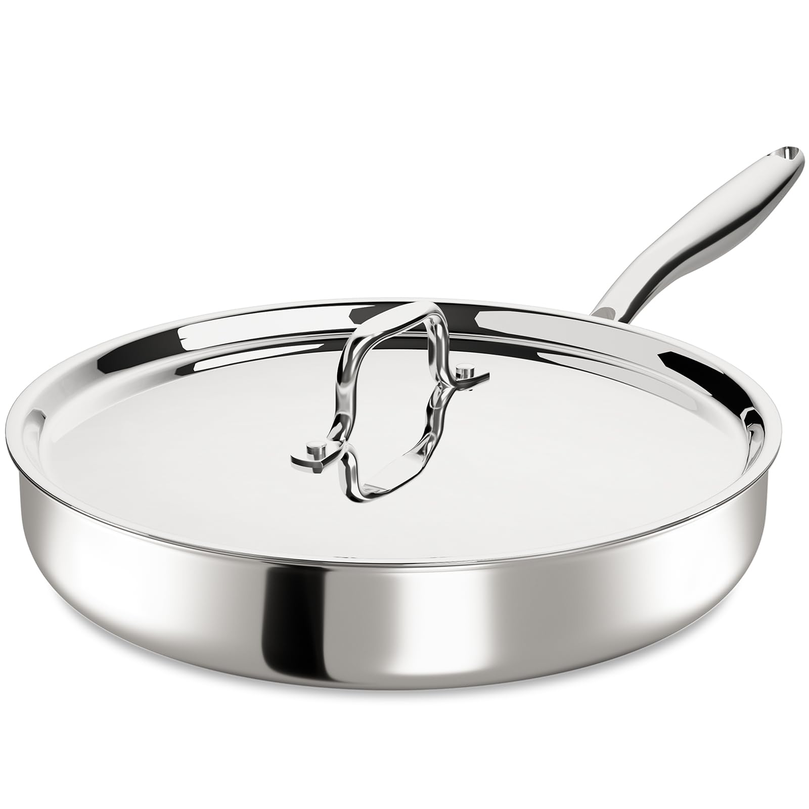 12 Inch Tri-Ply Stainless Steel Frying Pan, Frying Pan with Lid, PFOA/PTFE Free Skillet, Induction Cooking Pans, Dishwasher & Ov
