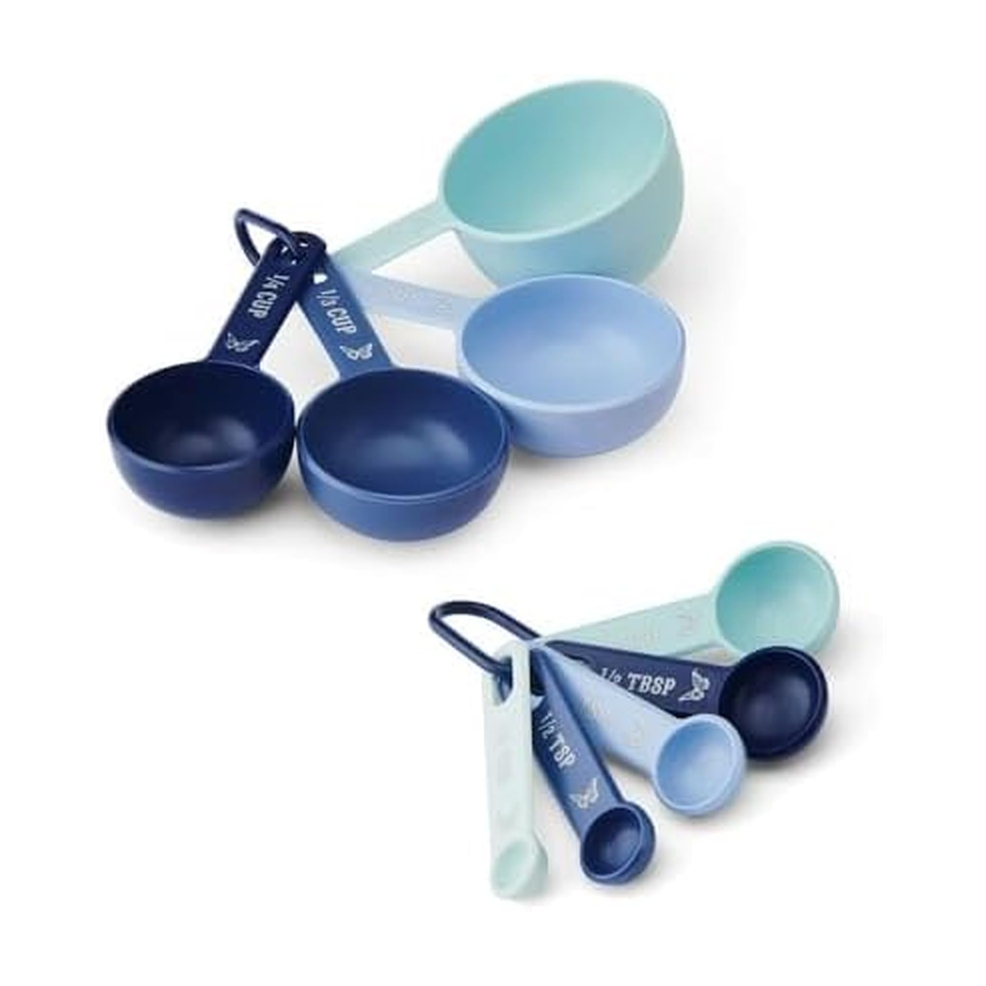 Dolly Parton Measuring Cups and Spoons Set, Blue with Butterfly Accents, EasyRead Markings, Nesting Design with Ring, 1/4 tsp t