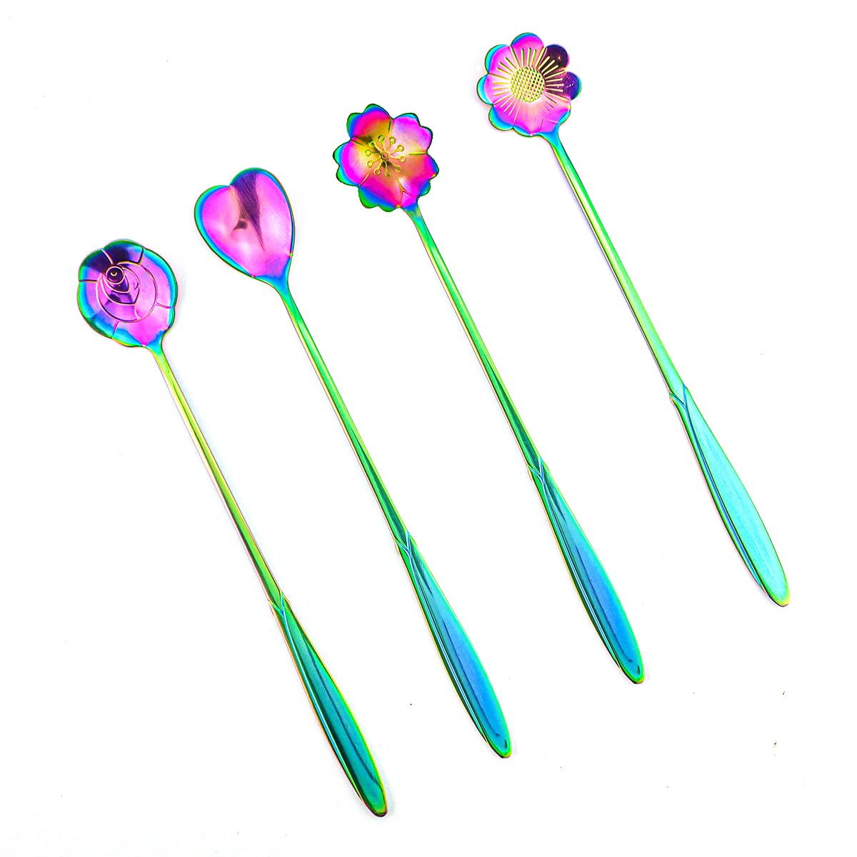 Flower Spoon Set Of 4 Pcs, Leefone 7'' Flower Pattern Long Handle Spoon Stainless Steel Reusable Tea Scoops Stirring Spoon Ice C