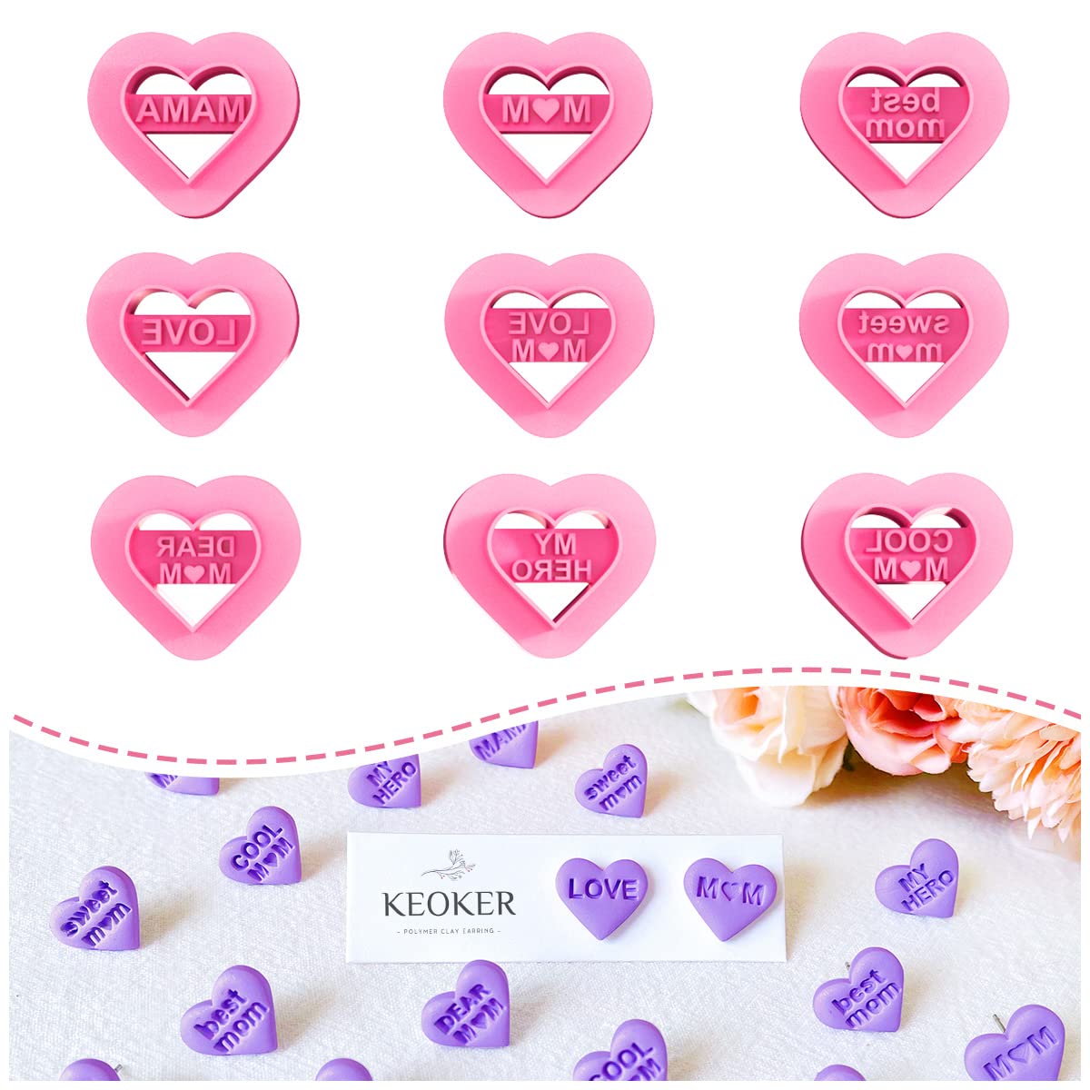 Keoker Mom Heart Polymer Clay Cutters, Mothers Day Clay Earring Cutters, 9 Shapes Message Letter Polymer Clay Cutters For Earrin