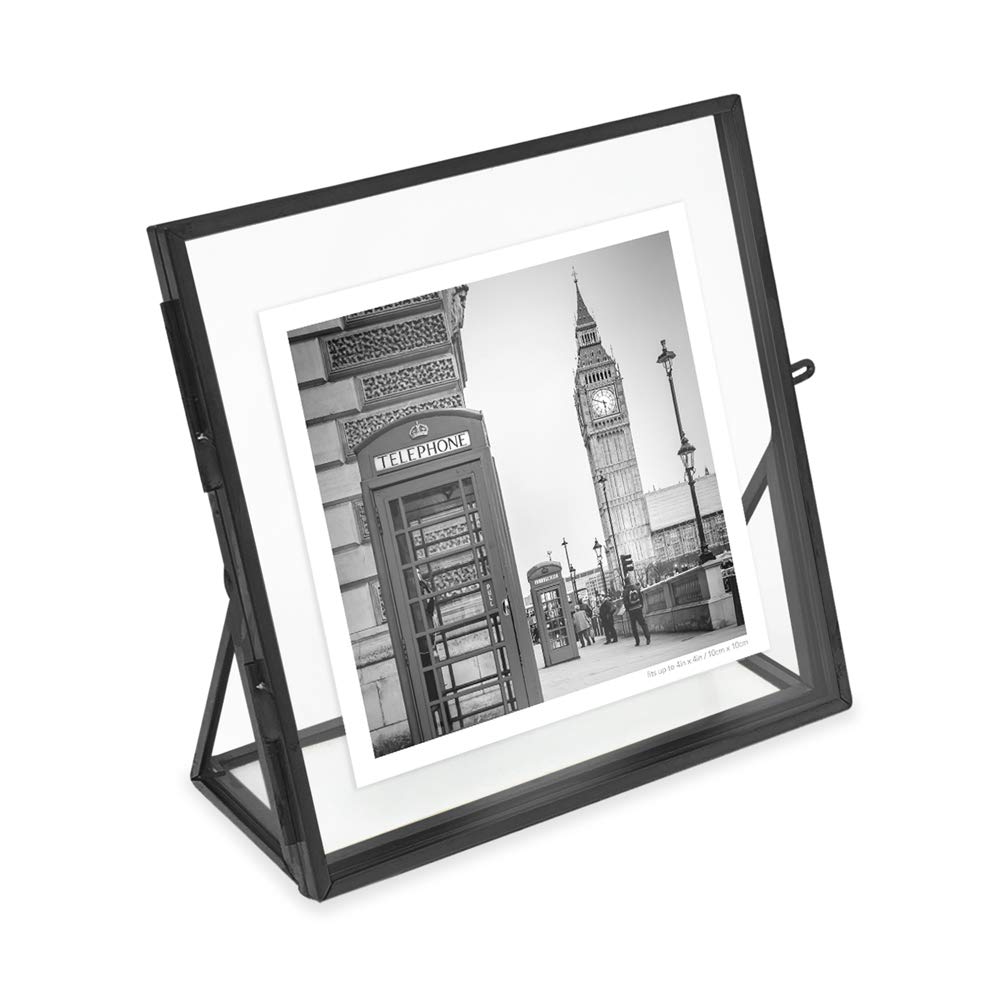 Isaac Jacobs 4x4, Black, Vintage Style Brass and Glass, Floating Photo Frame, Metal, with Locket Closure and Angled Base, for Pi