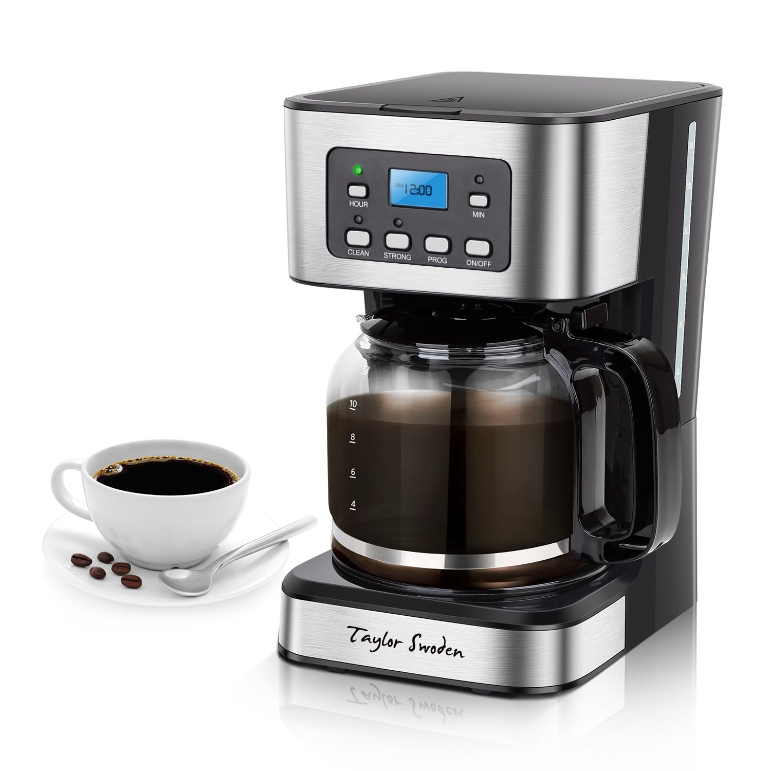 Taylor Swoden 12-Cup Programmable Coffee Maker, Regular & Strong Brew Drip Coffee Machine For Home And Office, Glass Carafe, Pau
