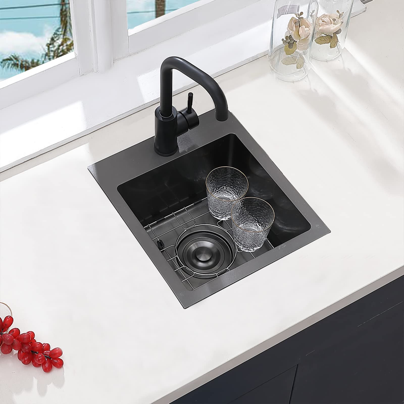 Vccucine Gunmetal Black Bar Sink Drop In, 13 X 15 Inch Topmount Rv Small Kitchen Sink, Handmade Stainless Steel Wet Bar Sink, Ou