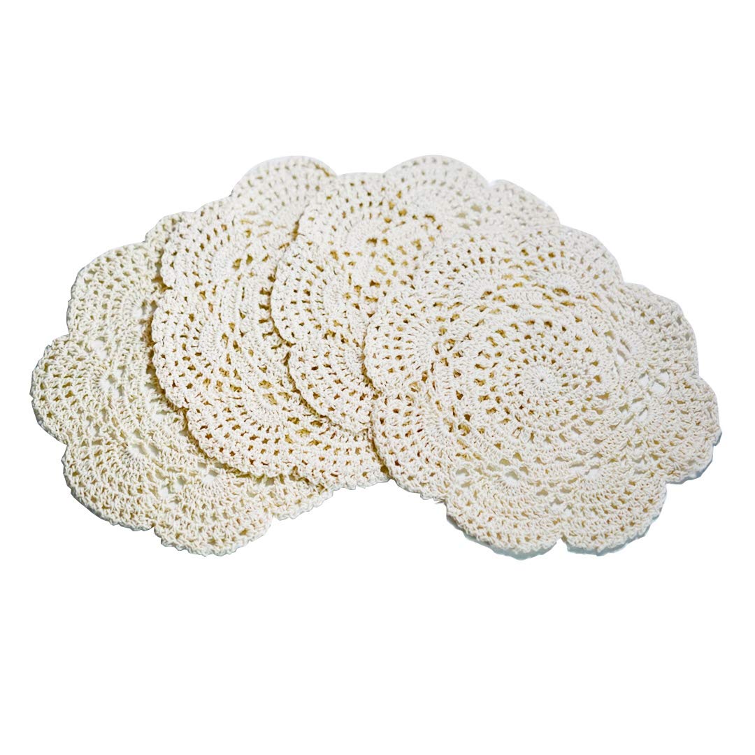 Phantomon 8 Inch Doilies Crochet Round Lace Doily Handmade Placemats 100% Cotton Crocheted Coasters, Pack Of 4 (Beige)