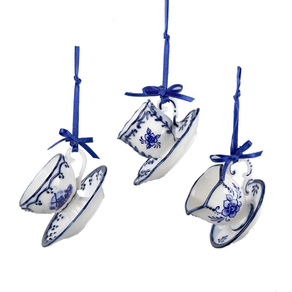 Kurt Adler J0651 2 Porcelain Delft Blue Cup And Saucer Ornament Set Of 3