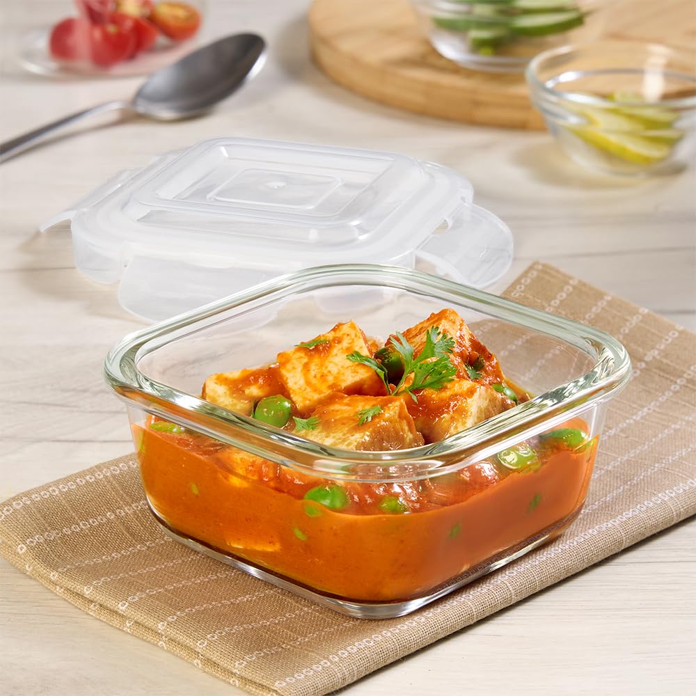 Borosil Klip N Store 400Ml Square Glass Food Storage Container With Air Tight Lid | Borosilicate Glass Container For Lunchbox | 