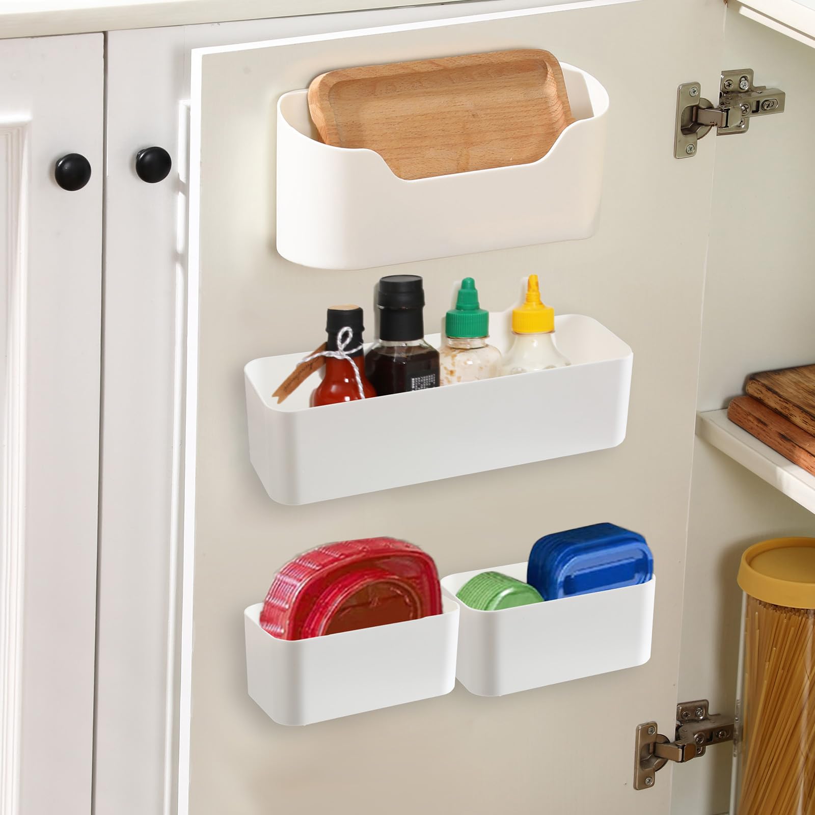 Wonderjune 4 Pack Adhesive Cabinet Door Organizer, Lid Organizer Wall Mounted Pantry Door Organizer Bin Holder for Lid Wall Orga