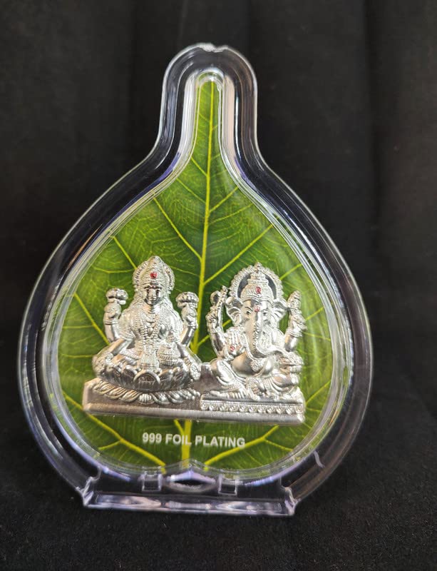 Altrona Ganesha Lakshmi Silver Idol Frame Leaf Shape For Dipawali/Dhanteras/Gifting/Akshaya Tritiya (Size 5X4 Inches)