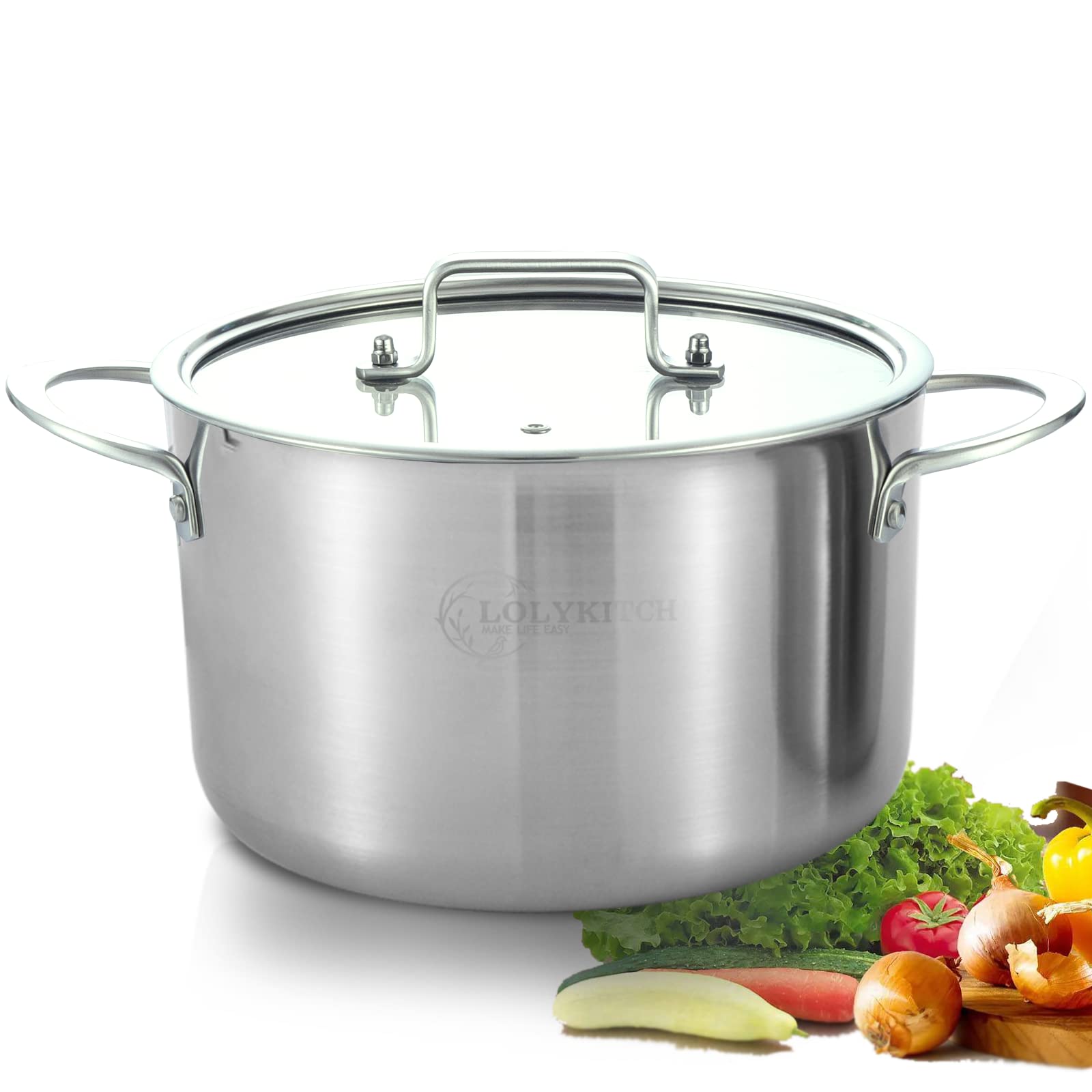 Lolykitch Stainless Steel Stock Pot, Tri-Ply Soup Pot With Glass Lid, Double Handle, A Scale Engraved Inside, Compatible With In