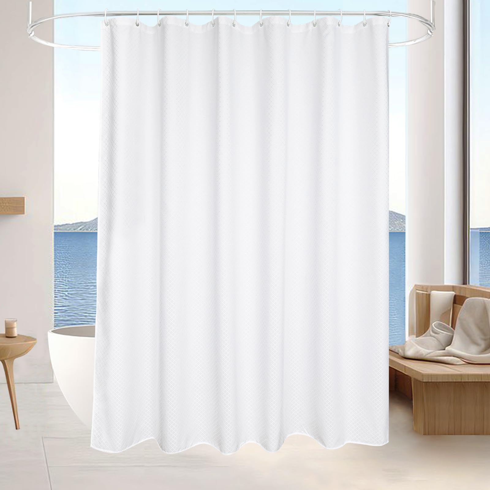 Beneyhome White Fabric Shower Curtain 78 Inches Long  Machine Washable Heavy Duty Diamond Patterned Polyester Bathtub Curtains  Weighted Hotel Luxury Spa Bathroom Decor  Water-Repellent  72x78 Length