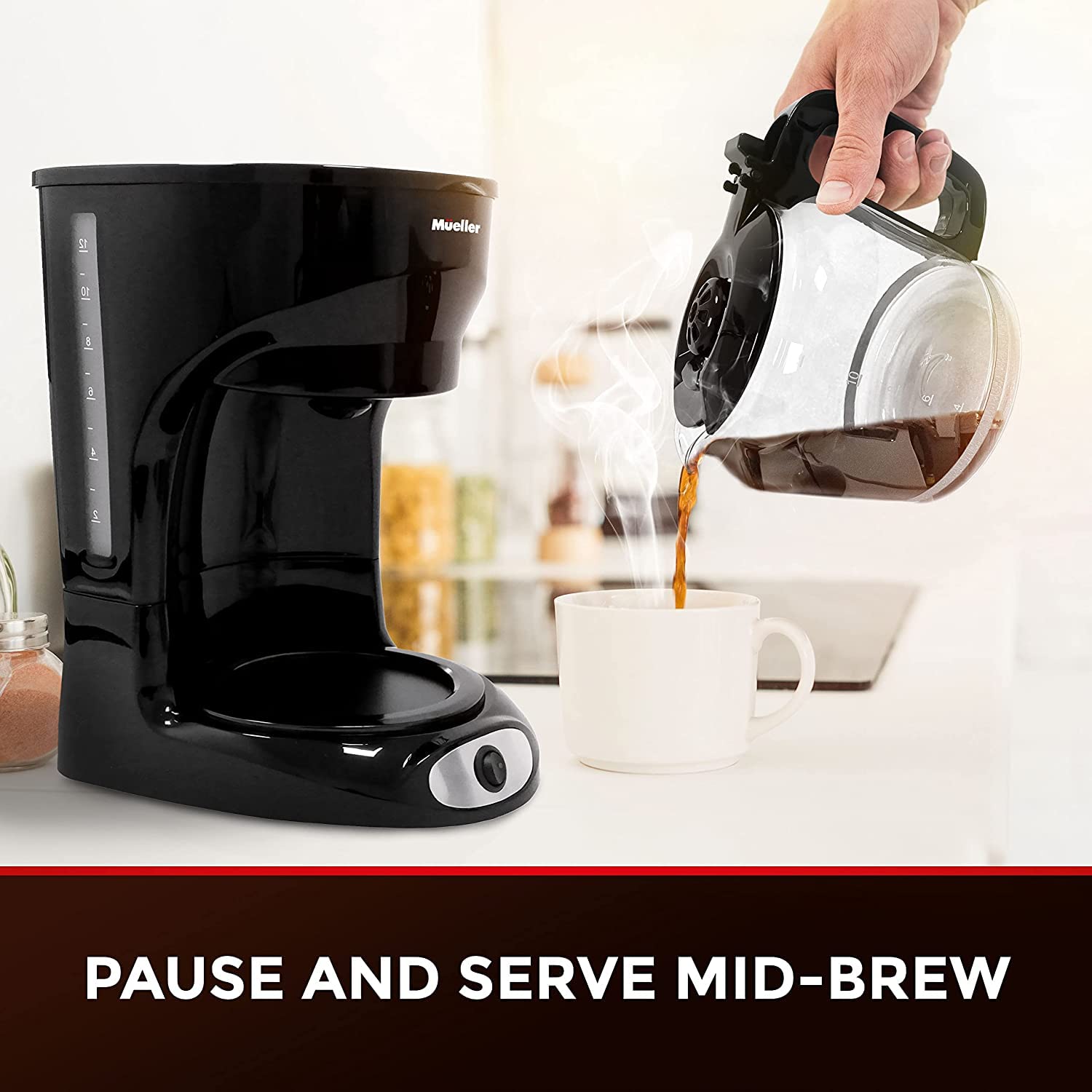Mueller 12-Cup Drip Coffee Maker  Auto Keep Warm Function  Smart Anti-Drip System  with Permanent Filter and Borosilicate Glass Carafe  Clear Water Level Window Coffee Machine