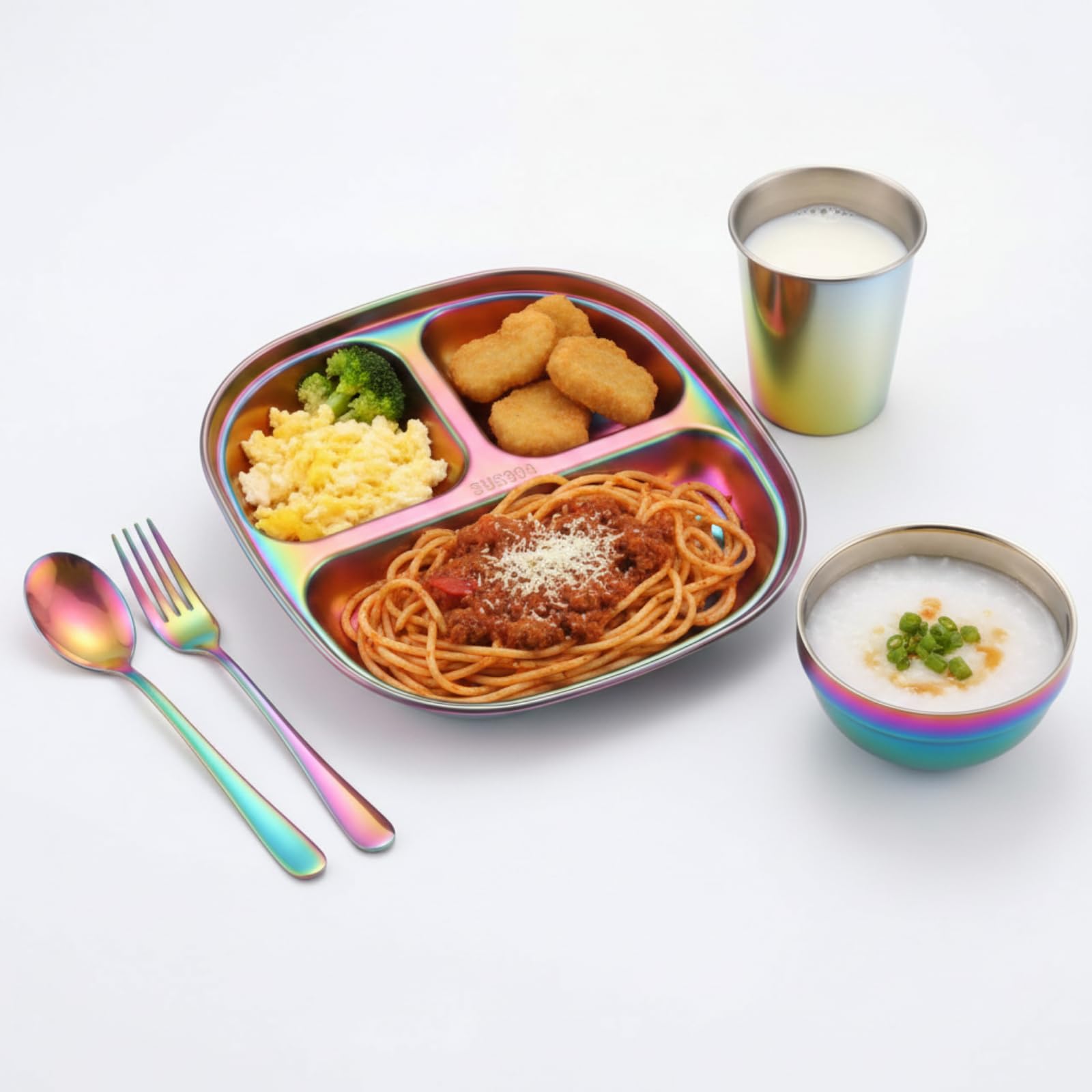 Tioncy 5 Pcs Stainless Steel Kids Dinner Set, 1 Bowl, 1 Balanced Bites Divided Plate, 1 Cup, 1 Spoon and 1 Forks, Stainless Stee