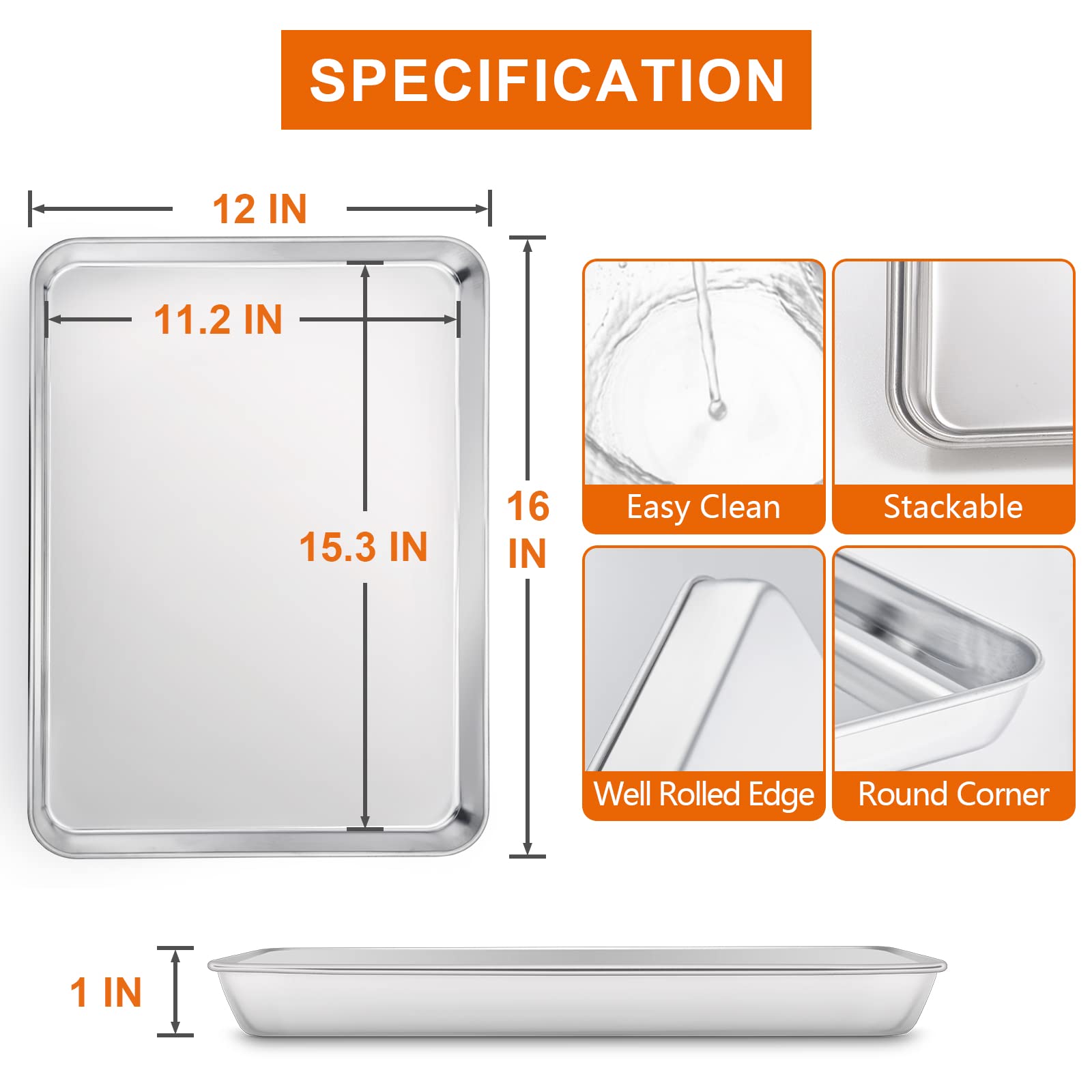 E-Far Baking Cookie Sheet Set Of 2, 16   X12    Stainless Steel Baking Sheet Pan With 50 Parchment Paper, Rectangle Baking Tray