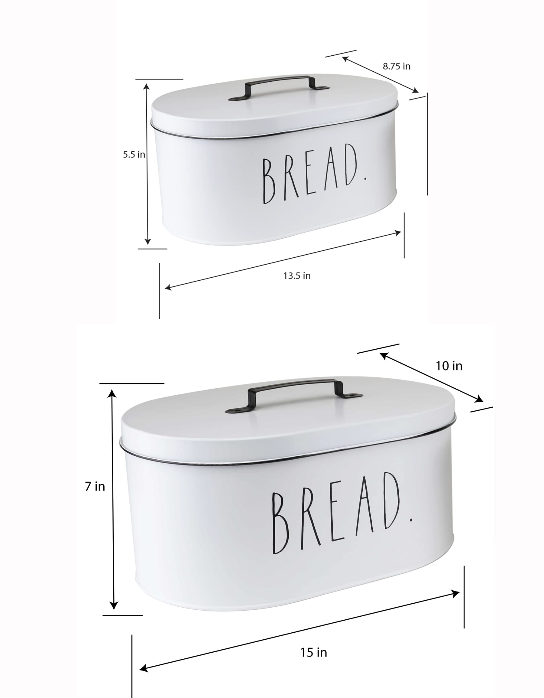 Rae Dunn Bread Box - Bread Box For Kitchen Countertop - 15'' X 8'' X 10'' - 13.5'' X 5.5'' X 8.5'' - Rustic White Metal Vintage