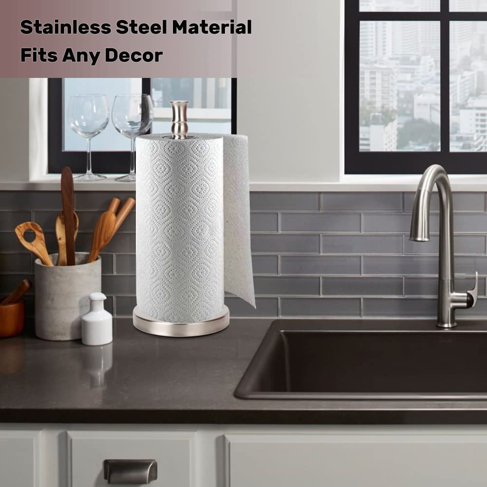 Paper Towel Holder Stand Countertop With Heavy Weighted Stainless Steel Base, Free Standing Paper Towel Holder (Brushed Nickel)