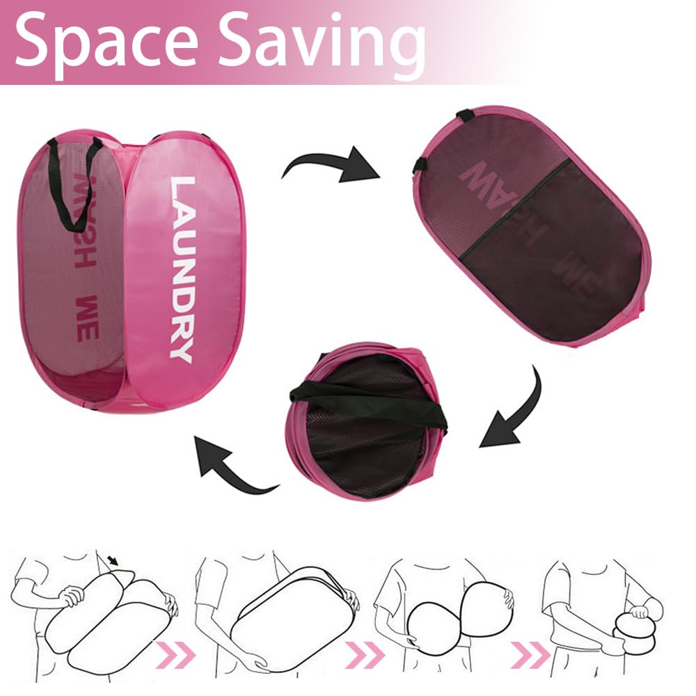 Aplter Pop Up Laundry Hamper Collapsible Laundry Basket Mesh Foldable Pink Dirty Clothes Hamper With Handles For Home, Bathroom,