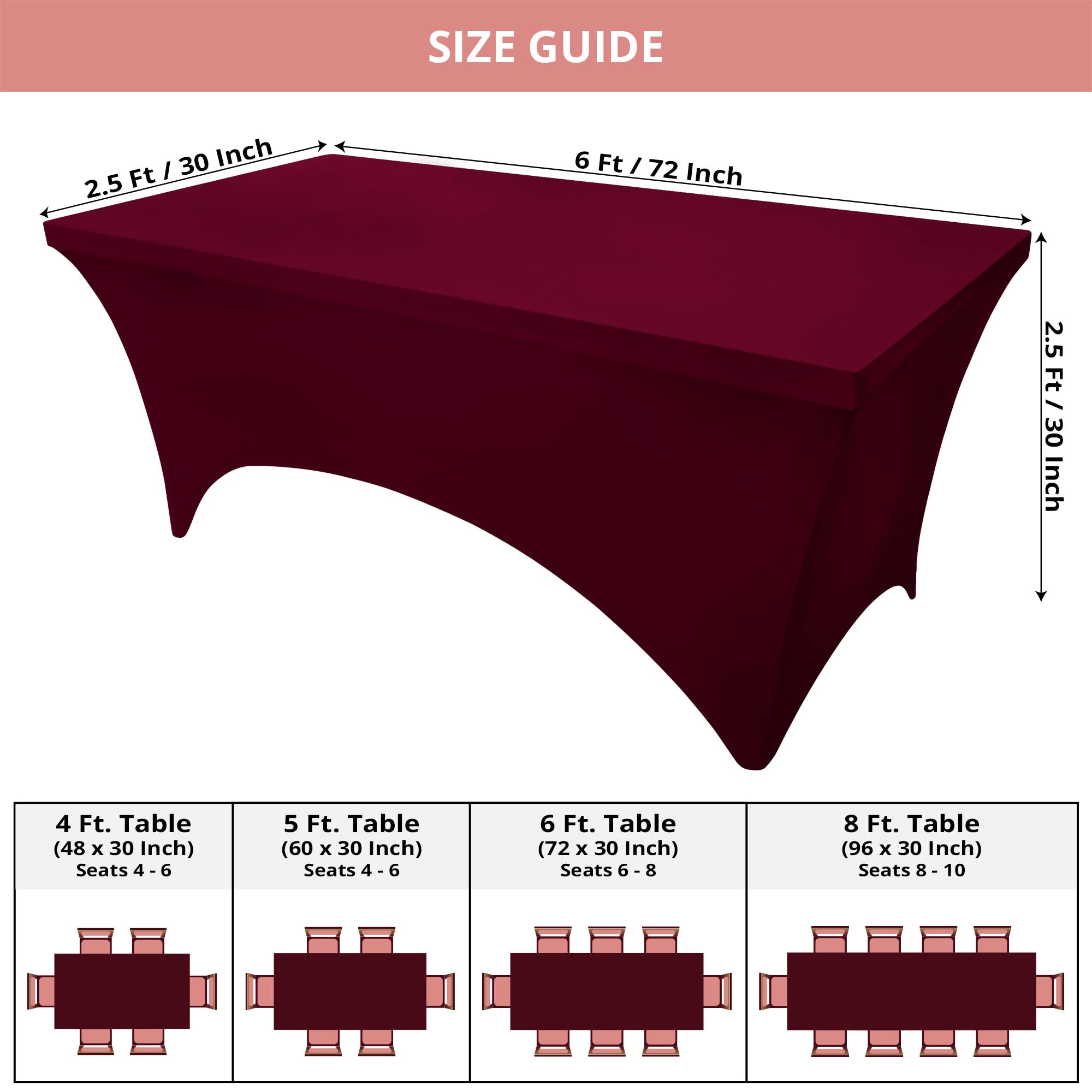 Utopia Kitchen Spandex Tablecloth 2 Pack [6FT  Burgundy] Tight  Fitted  Washable and Wrinkle Resistant Stretch Rectangular Patio Table Cover for Event  Wedding  Banquet & Parties [72Lx30Wx30H Inch]