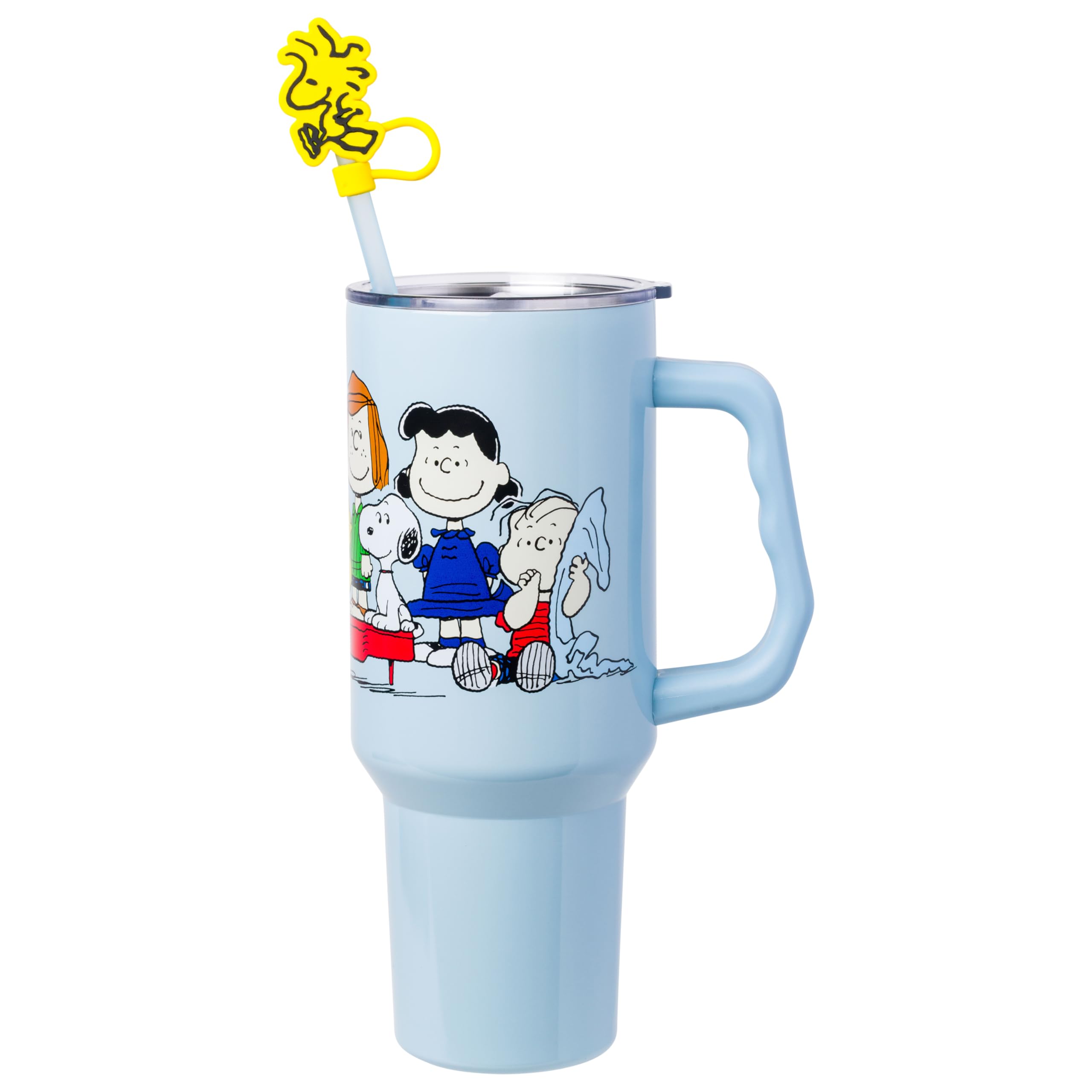 Silver Buffalo Peanuts Gang Charlie Brown, Snoopy, Woodstock, Lucy, Sally, Linus, Double Walled Stainless Steel Tumbler with Han