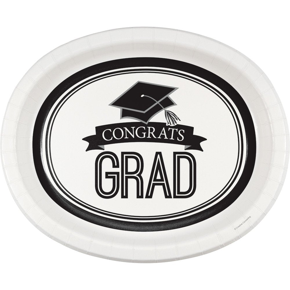 Creative Converting Congrats Grad White Pcs 8-Count Oval Paper Platters For Graduation Party, School Spirit