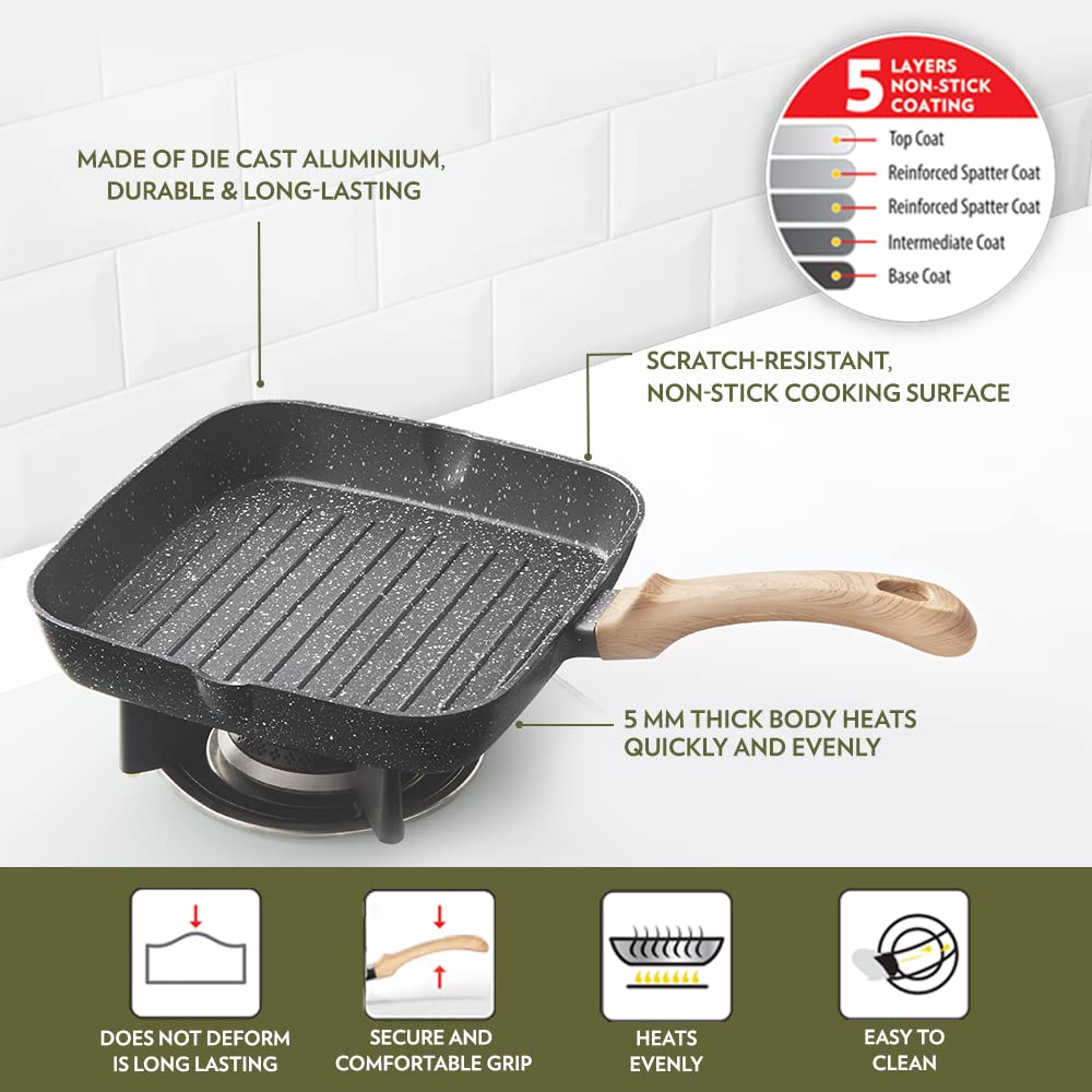 Borosil Vajra Die-Cast Non-Stick Aluminium Square Grill Fry Pan, Frying Pan With Ridges, Black With Wood-Finish Handles, 240 Mm