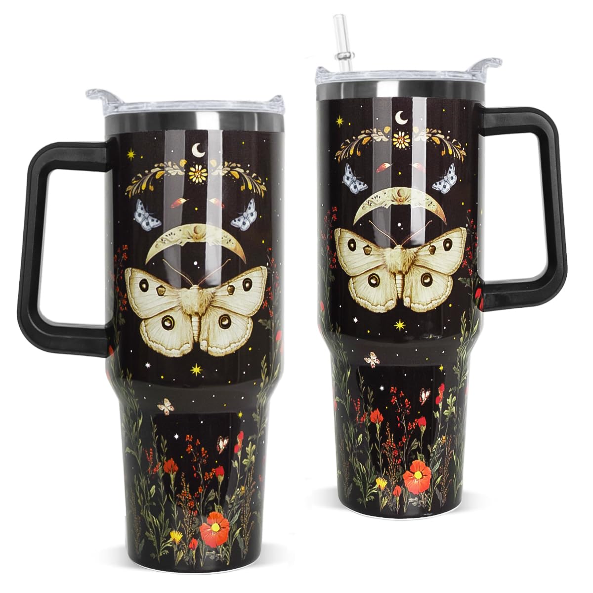 Nqhsionv Gothic Tumbler with Handle and Straw 40 oz Goth Moth Flowers Cup Coffee Travel Mug Stainless Steel Insulated Water Bott