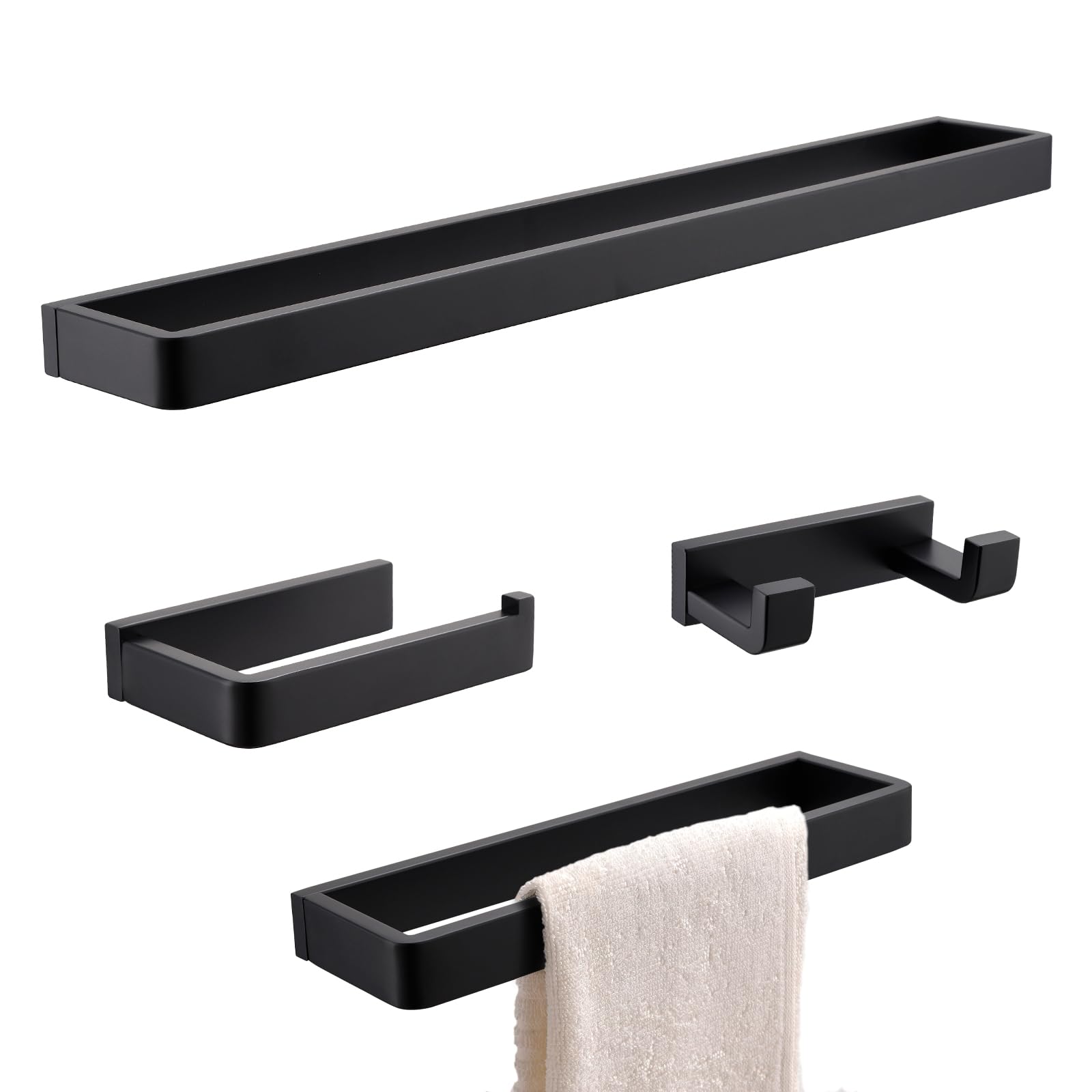 Yacvcl 4-Piece Matte Black Bathroom Hardware Accessories Set, Bath Towel Bar Set Sus304 Stainless Steel, Round Towel Racks For B