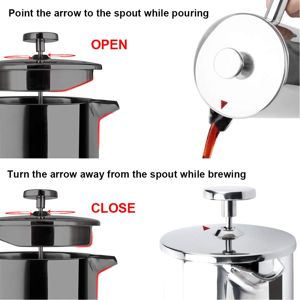 Secura French Press Coffee Maker, 304 Grade Stainless Steel Insulated Coffee Press With 2 Extra Screens, 17Oz (0.5 Litre), Silve