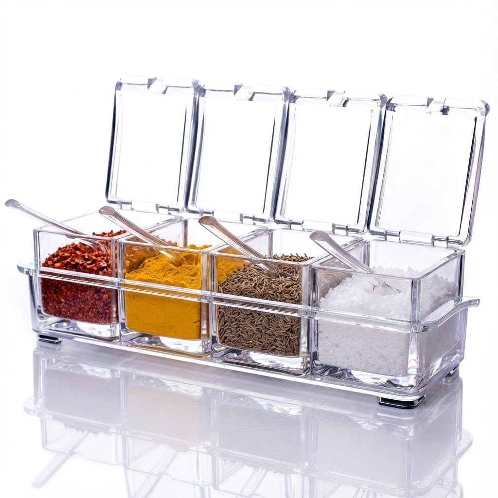 Anshmjimn 4 In 1 Spice Container With Spoons | Transparent Masala Storage Box For Kitchen | Airtight Seasoning Organizer For Sal